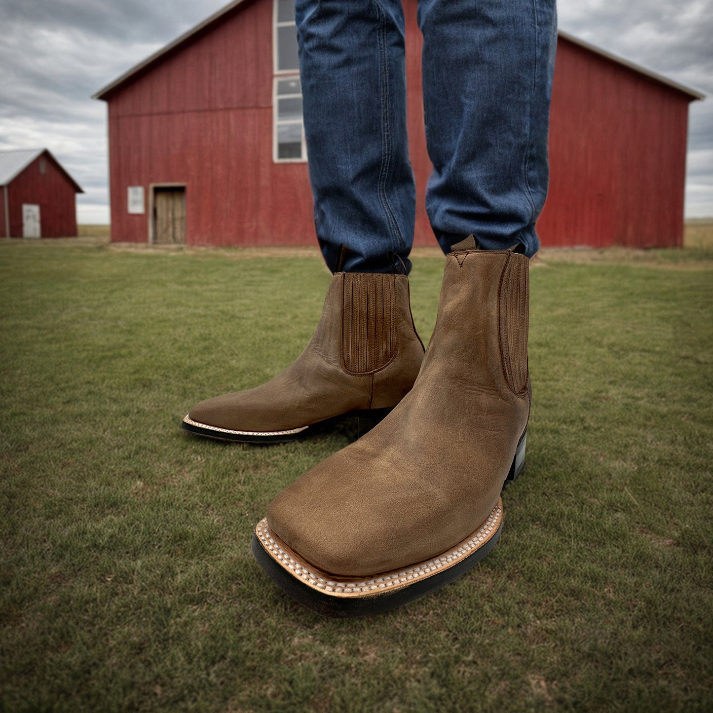 Men's Leather Cowboy Western Boot Ankle Square Toe Chelsea Boots