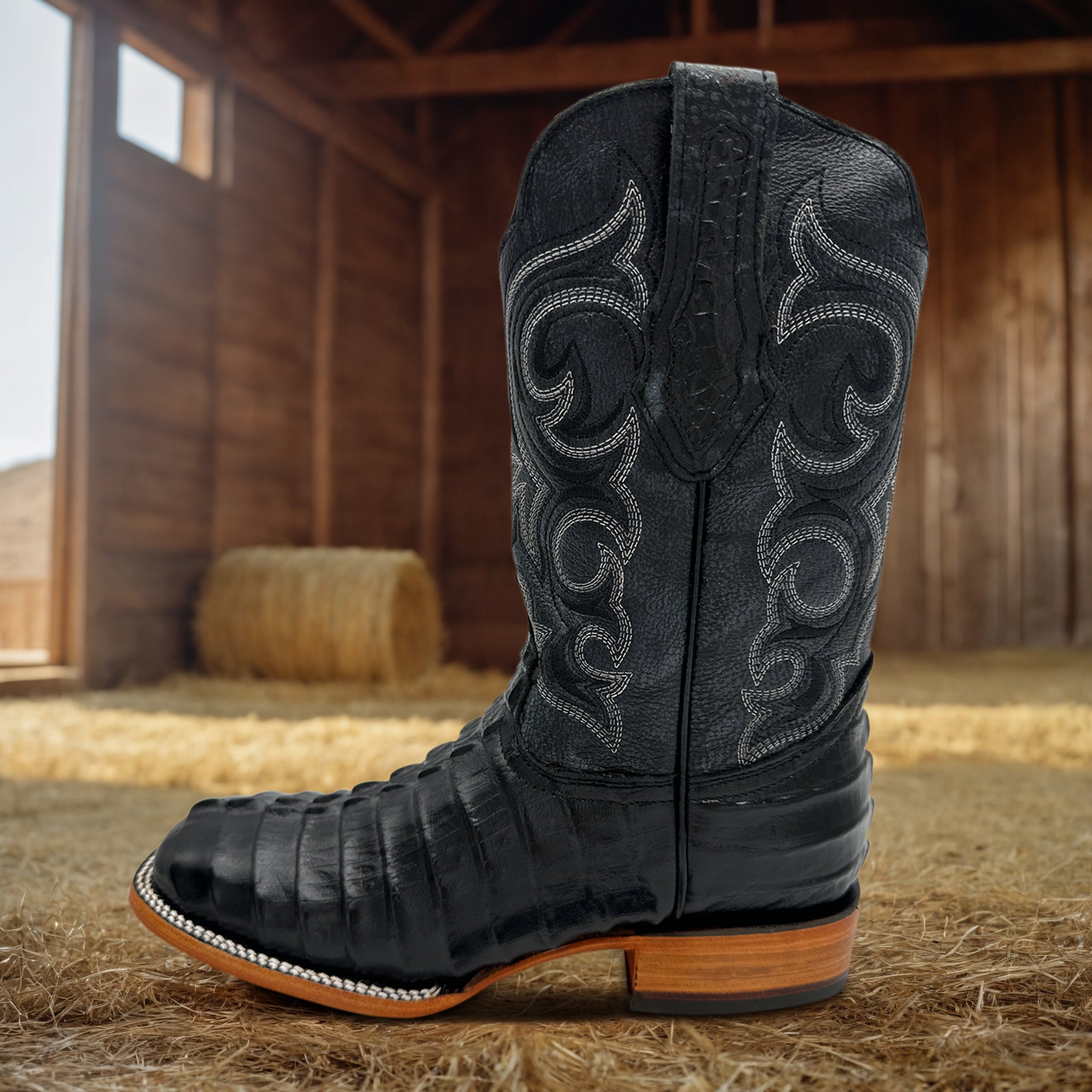 Men's Leather Alligator Tail Print Square Toe Western Cowboy Boot