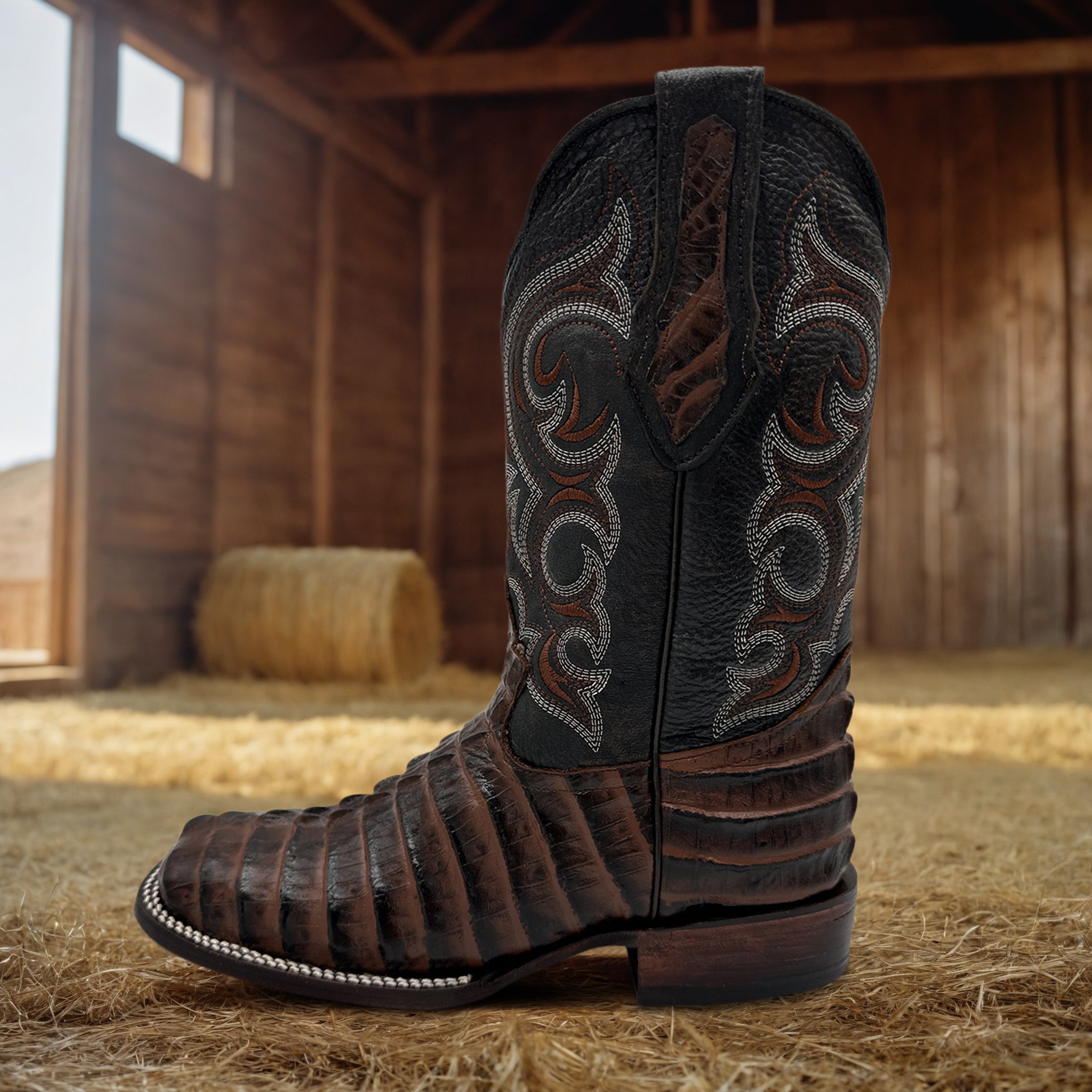 Men's Leather Alligator Tail Print Square Toe Western Cowboy Boot