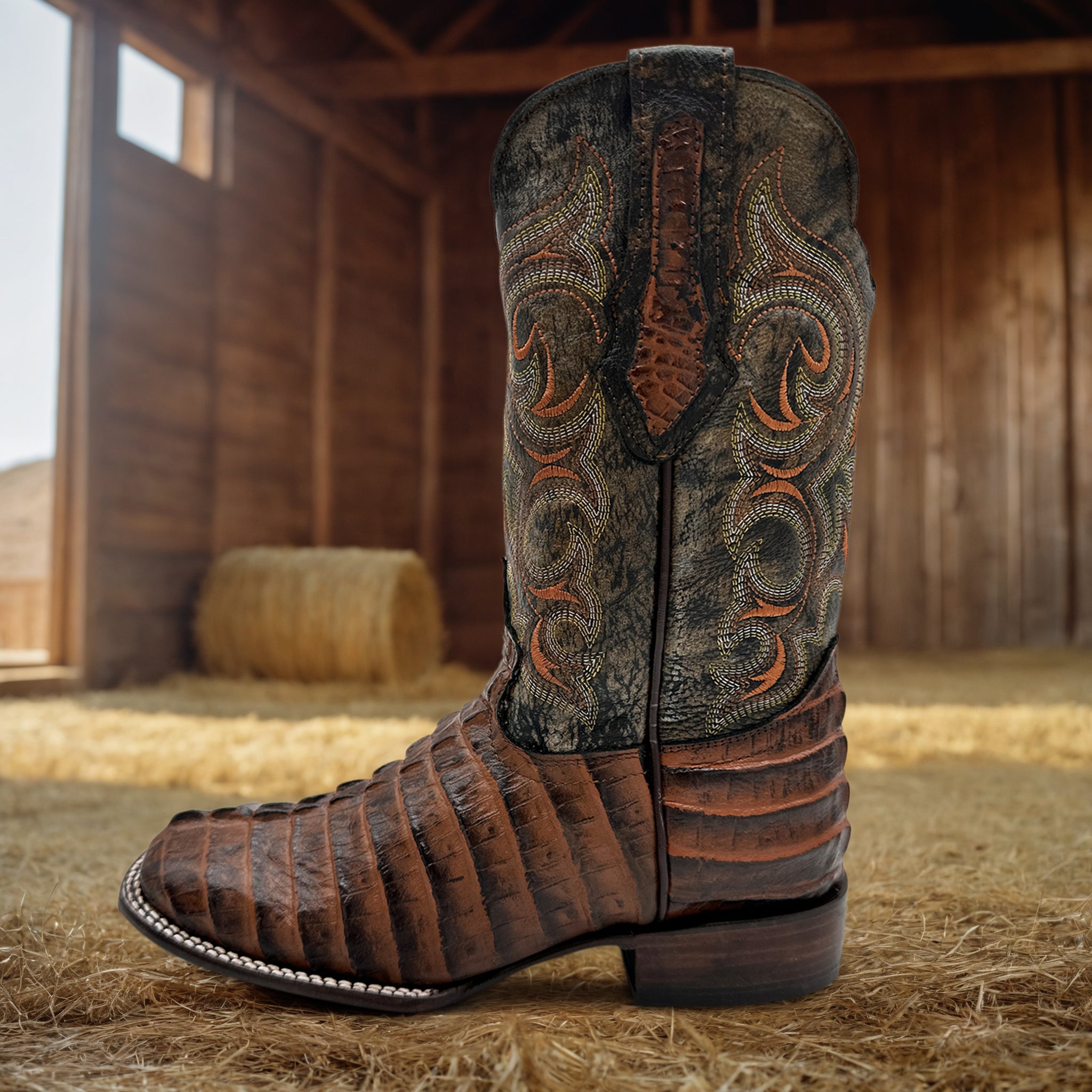 Men's Leather Alligator Tail Print Square Toe Western Cowboy Boot