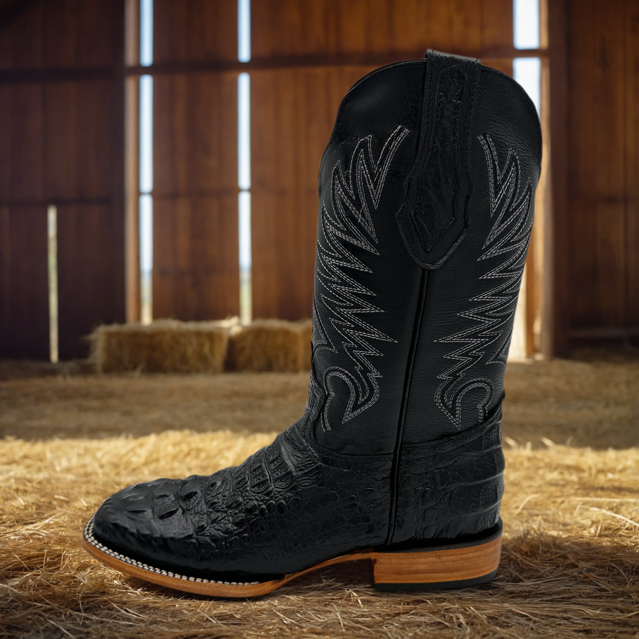 Men's Leather Square Toe Cowboy Boot Embossed Crocodile Alligator Print Western Boot