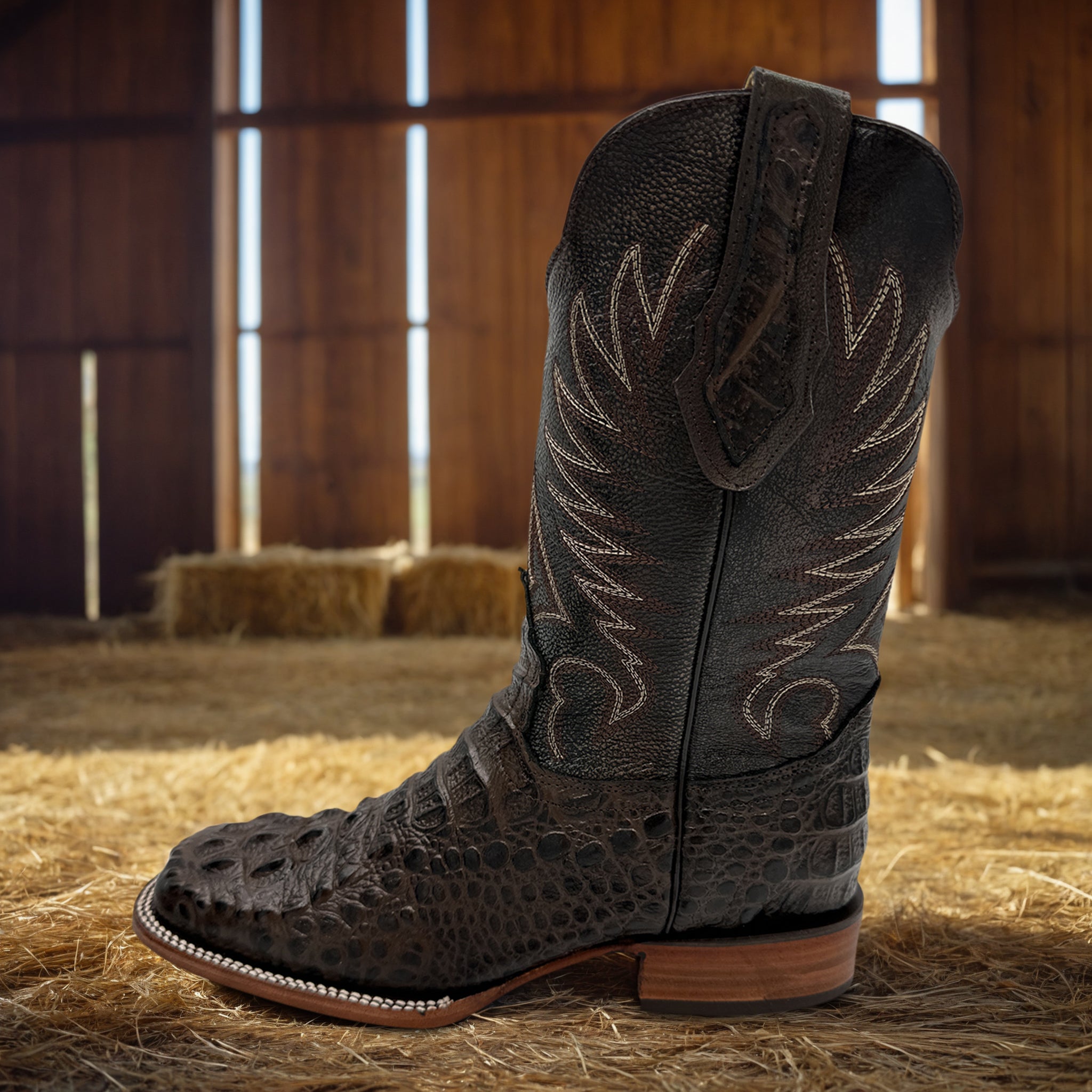 Men's Leather Square Toe Cowboy Boot Embossed Crocodile Alligator Print Western Boot