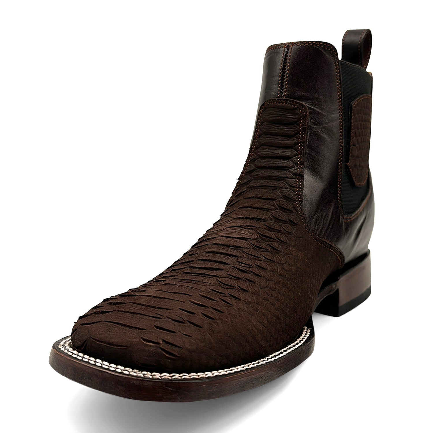 Men’s Genuine Leather Broad Square Toe Embossed Python Snake Print Ankle Botin Cowboy Boot