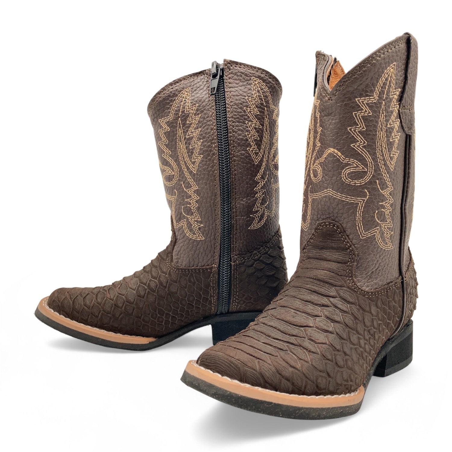 Kids Python Print Leather Cowboy Boots, Square Toe Side Zipper Boys Western Boot