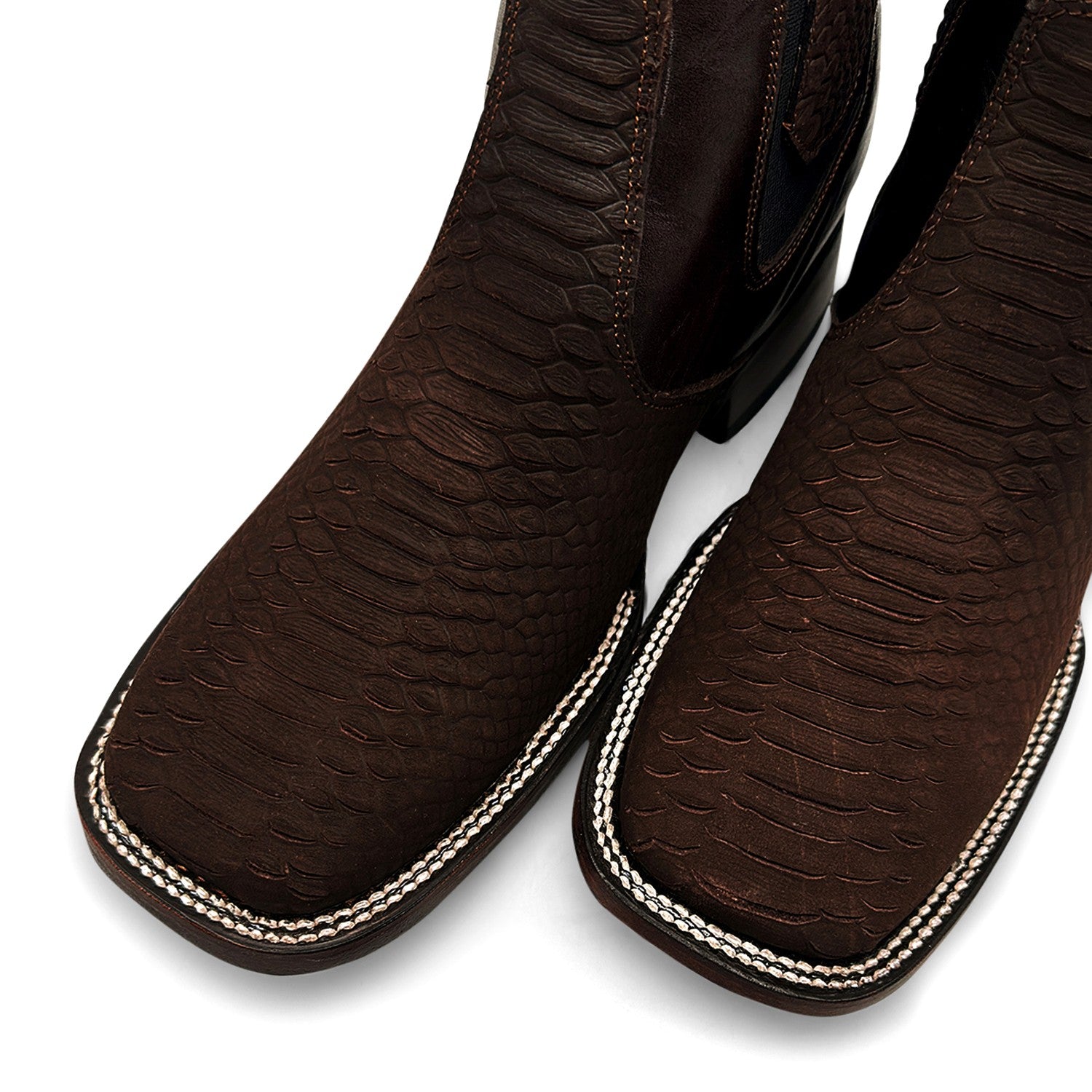 Men’s Genuine Leather Broad Square Toe Embossed Python Snake Print Ankle Botin Cowboy Boot