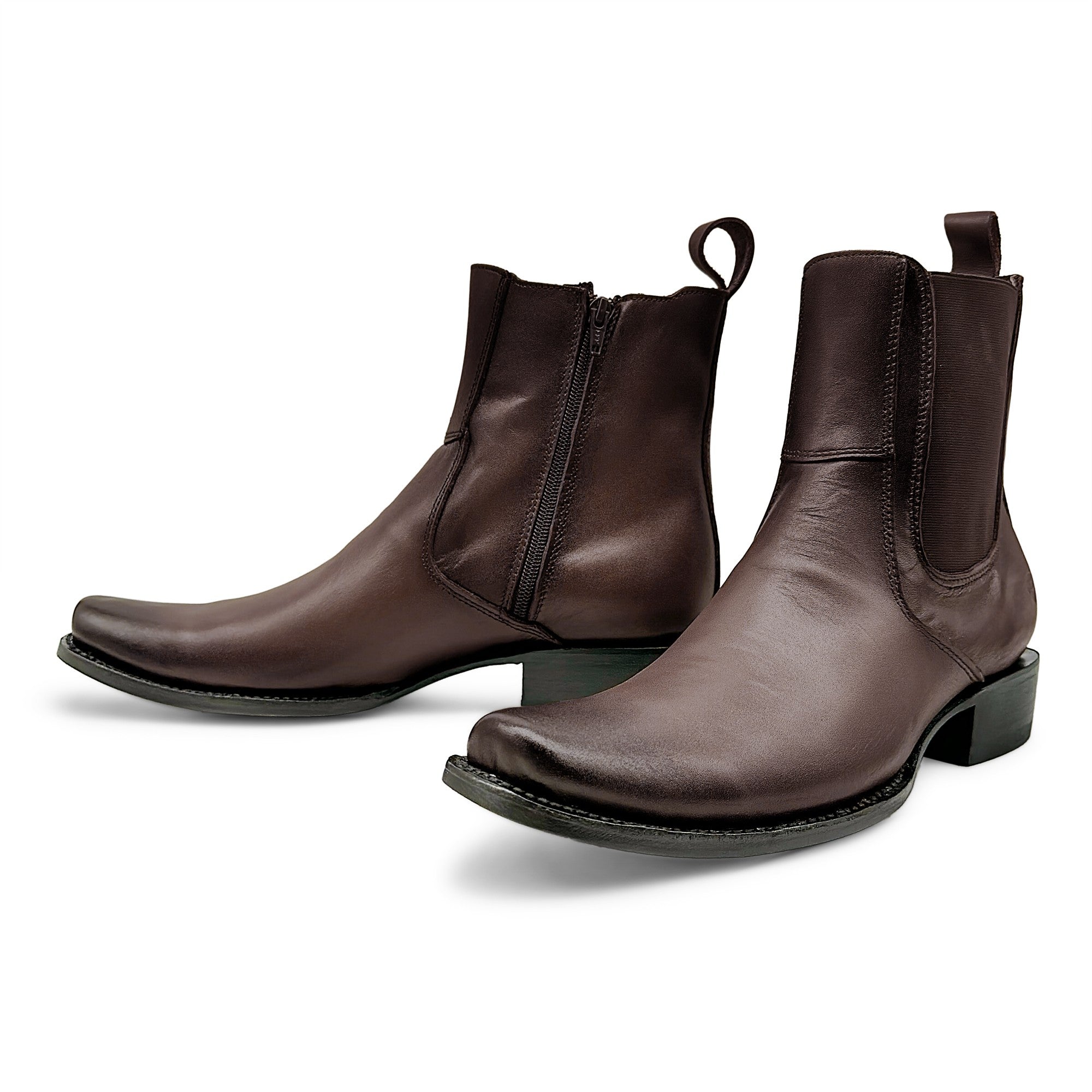 Men's Genuine Leather Ankle High Western Boot Side Zipper Square Toe Dress Cowboy Boot