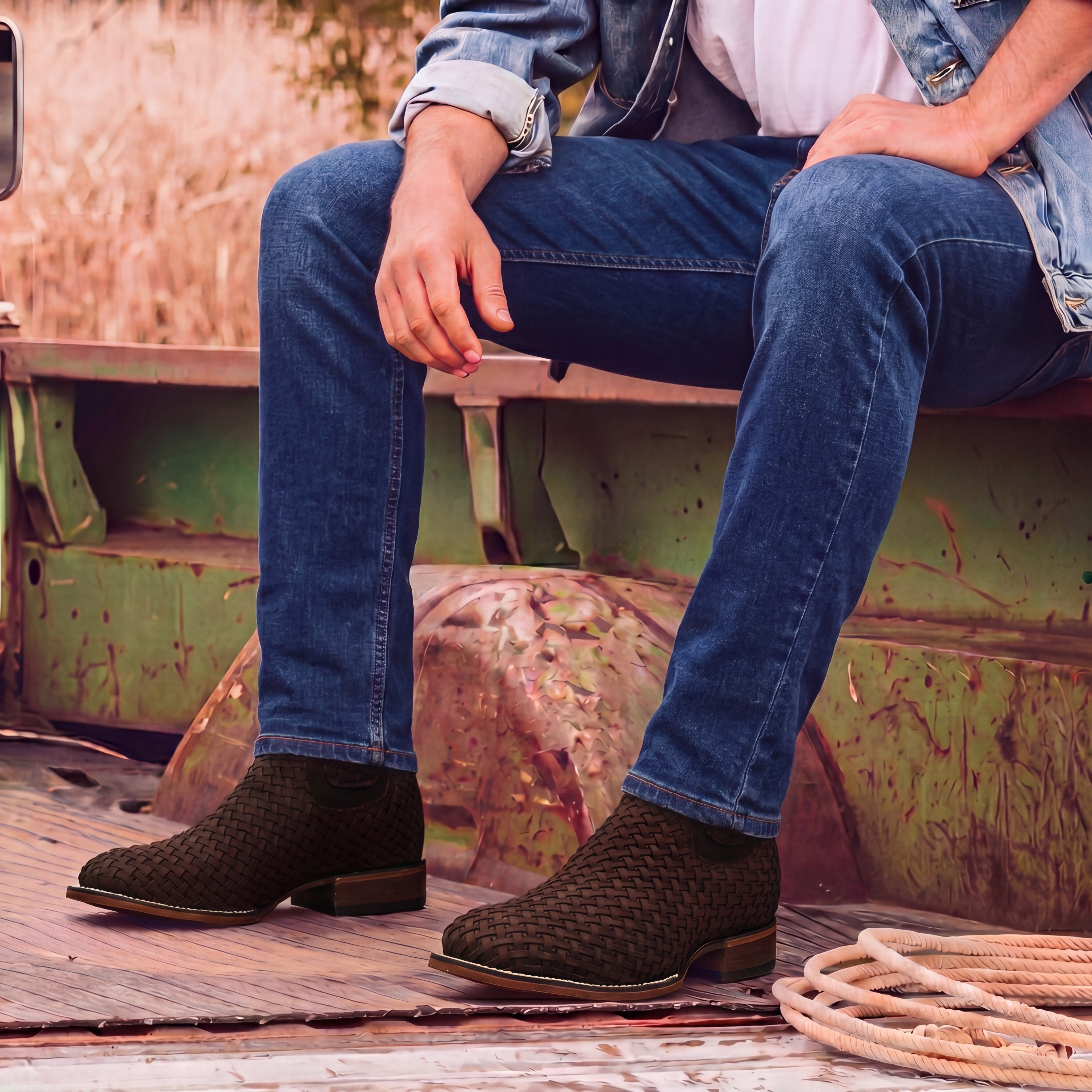 Men's Petatillo Hand Woven Braided Square Toe Rodeo Cowboy Boot – Ankle-High Genuine Leather Western Boot