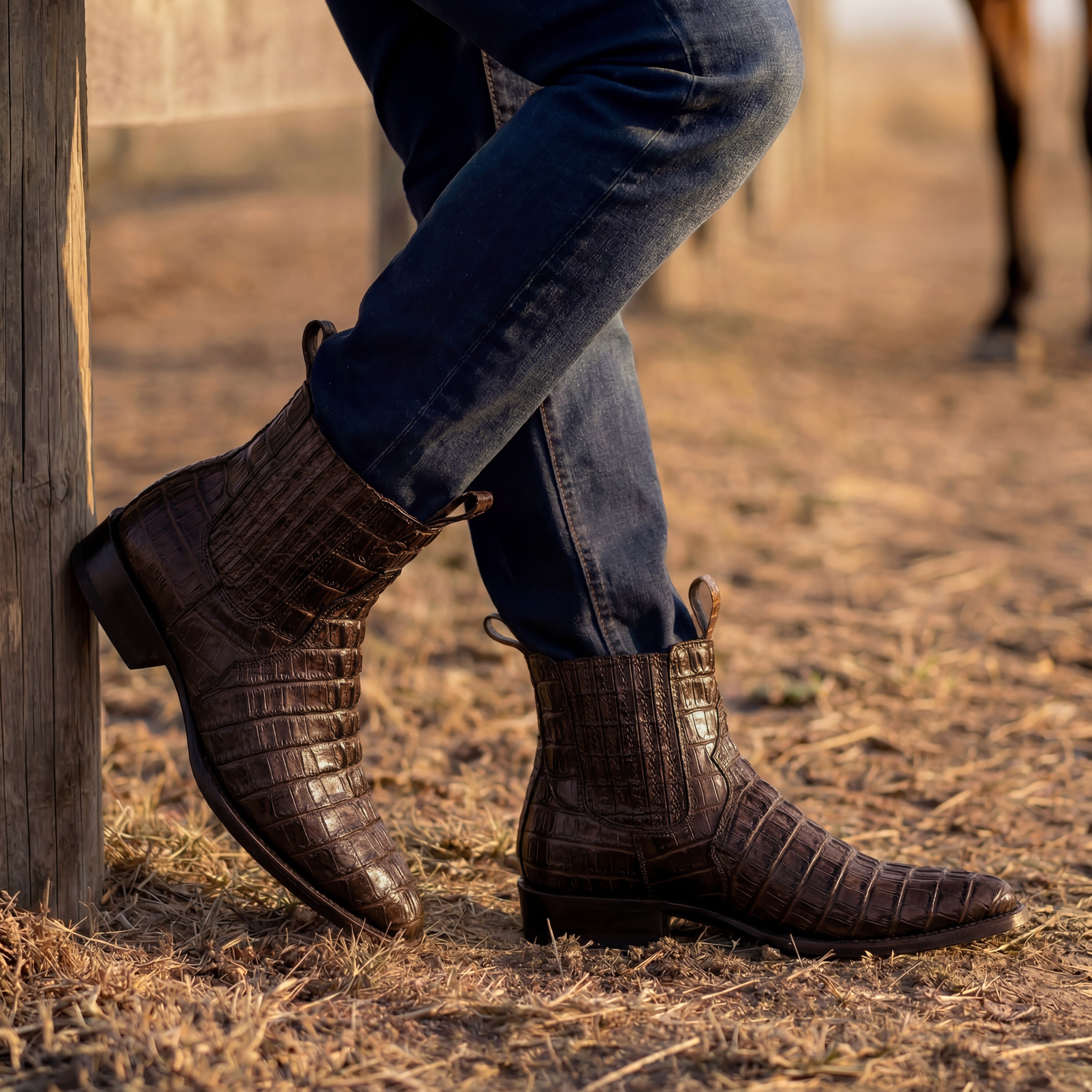 Men's Leather Crocodile Print Cowboy Ankle Boot J Toe Pull-On