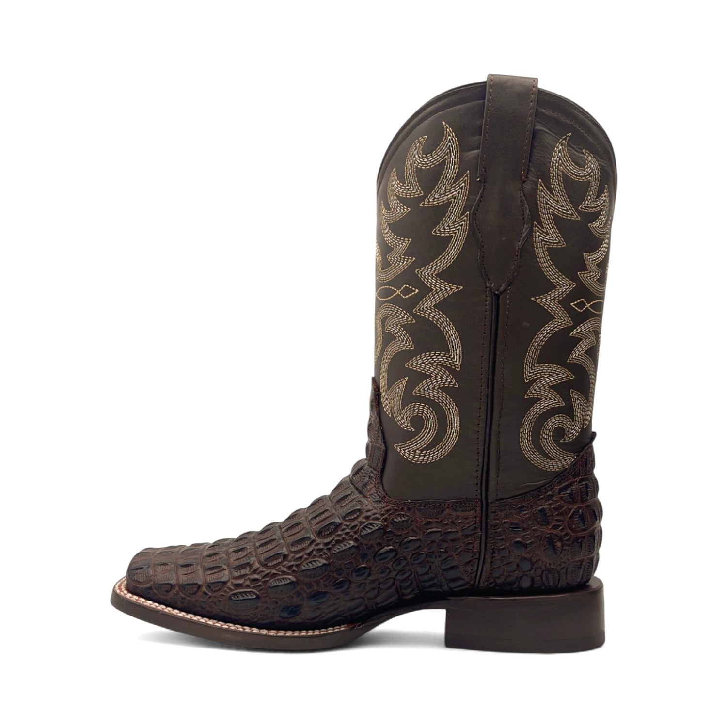 Men’s Leather Square Toe Western Boot With Embossed Crocodile Print