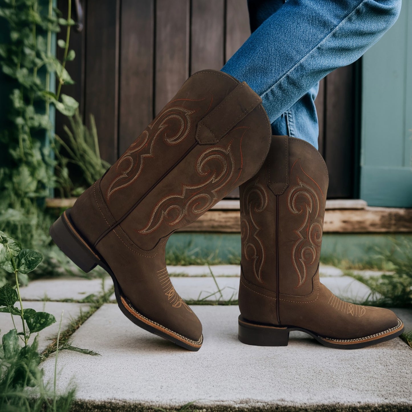 Men's Square Toe Leather Cowboy Boot Midcalf Rubber Sole