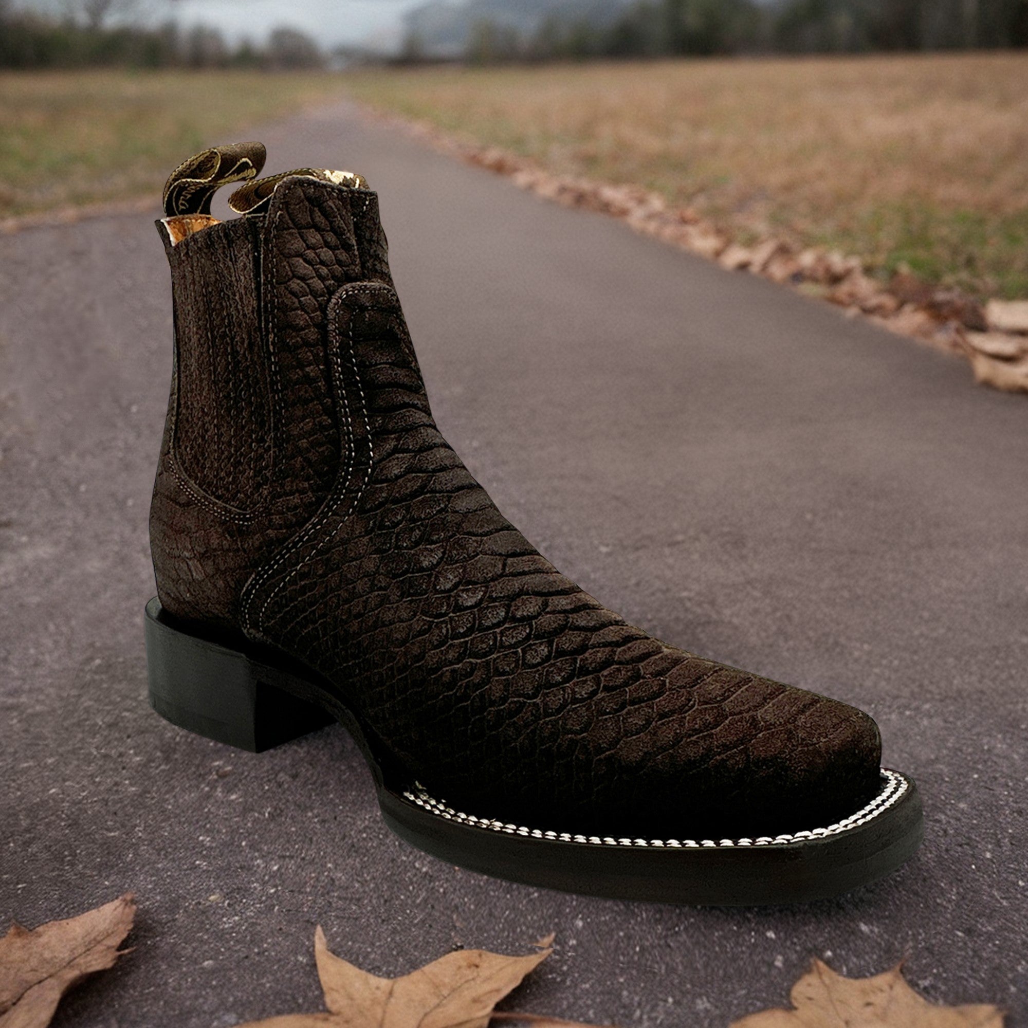 Men’s Genuine Leather Square Toe Embossed Python Snake Print Short Ankle Cowboy Boot