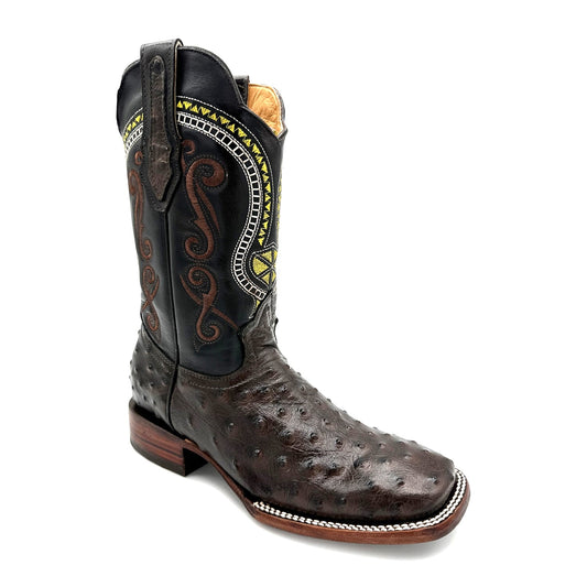 Men's Leather Ostrich Quill Print Square Toe Western Cowboy Boot