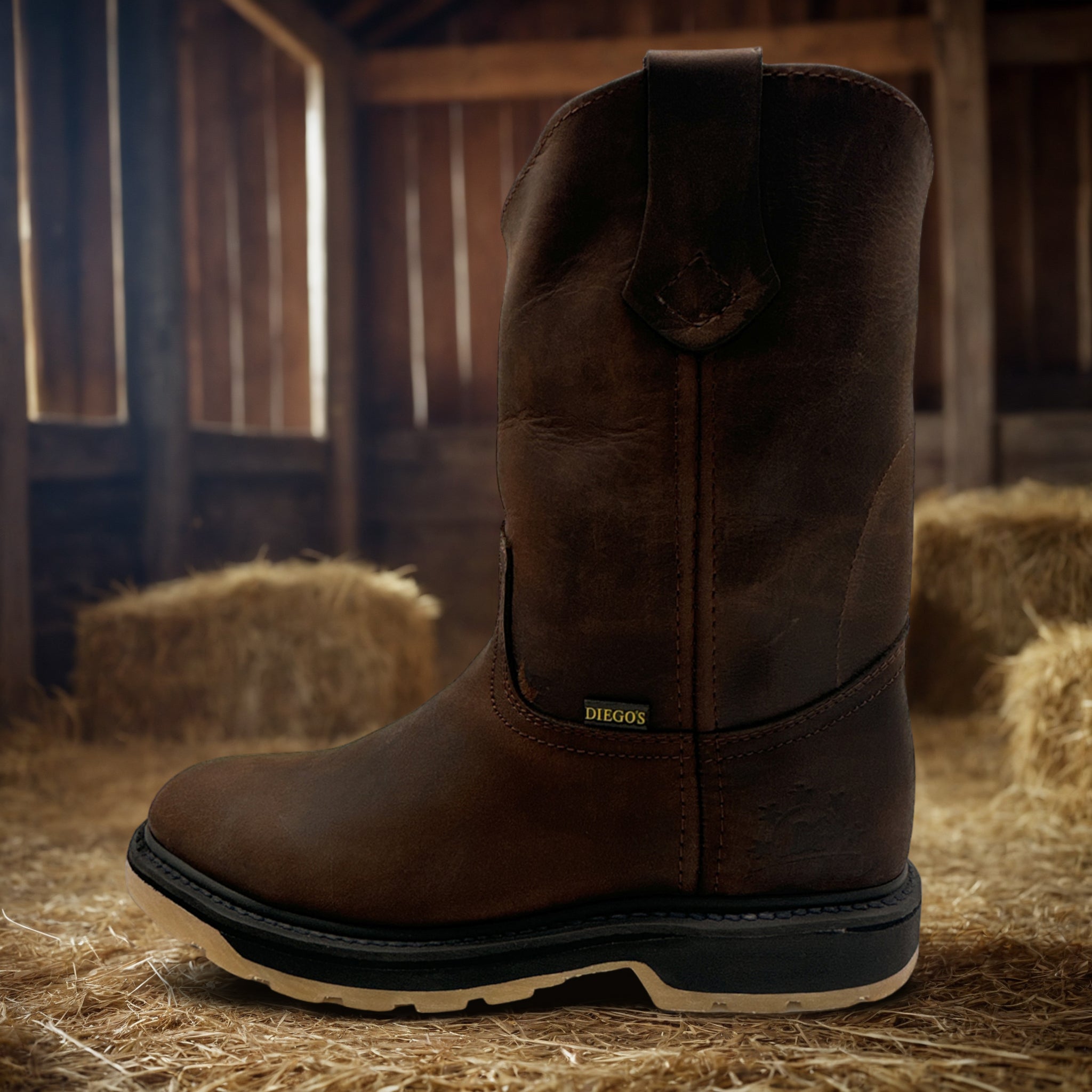 Men's Pull On Leather Mid-Calf Soft Toe Work Boot