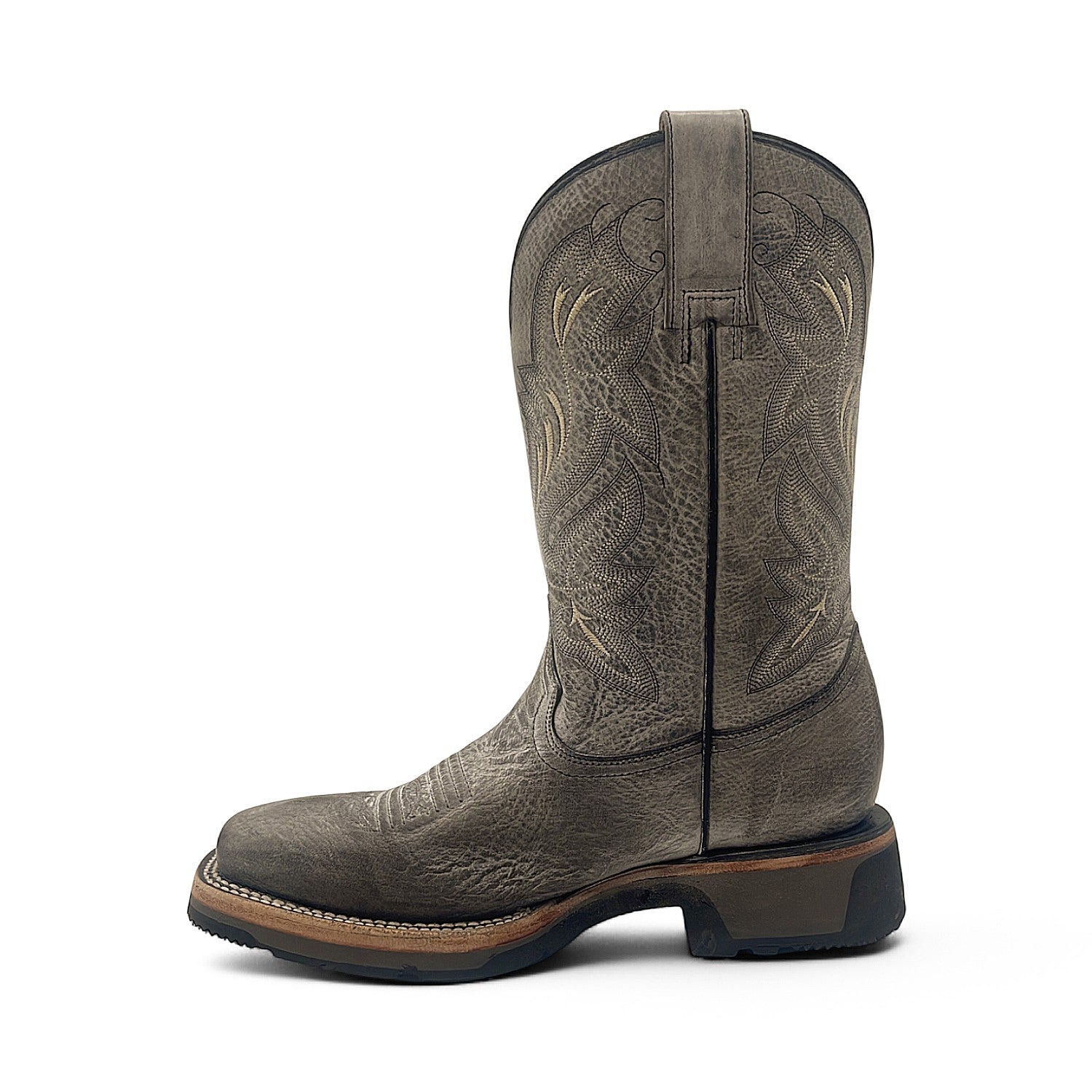 Men’s Leather Western Cowboy Boot Square Toe Mid Calf Rubber Sole