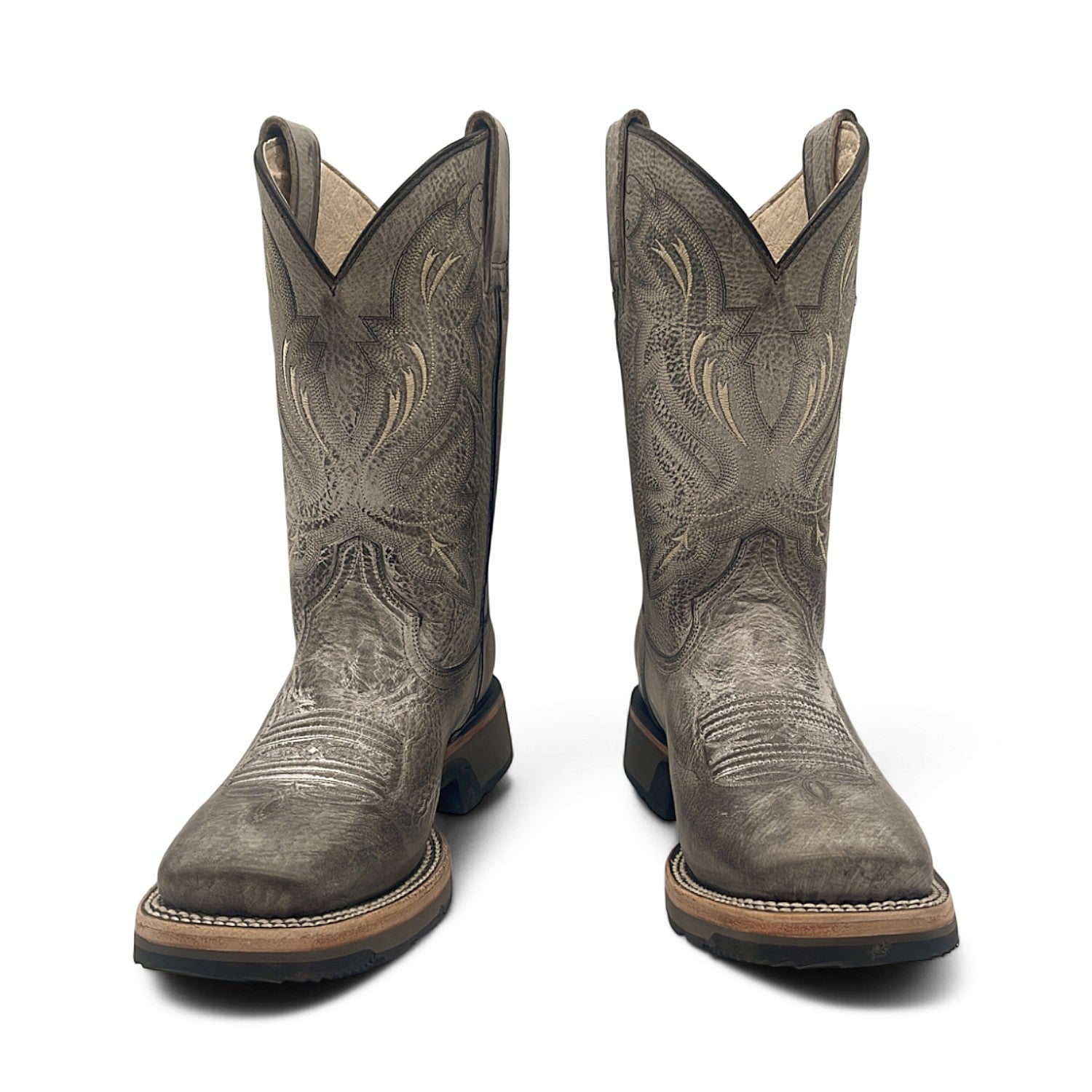 Men’s Leather Western Cowboy Boot Square Toe Mid Calf Rubber Sole