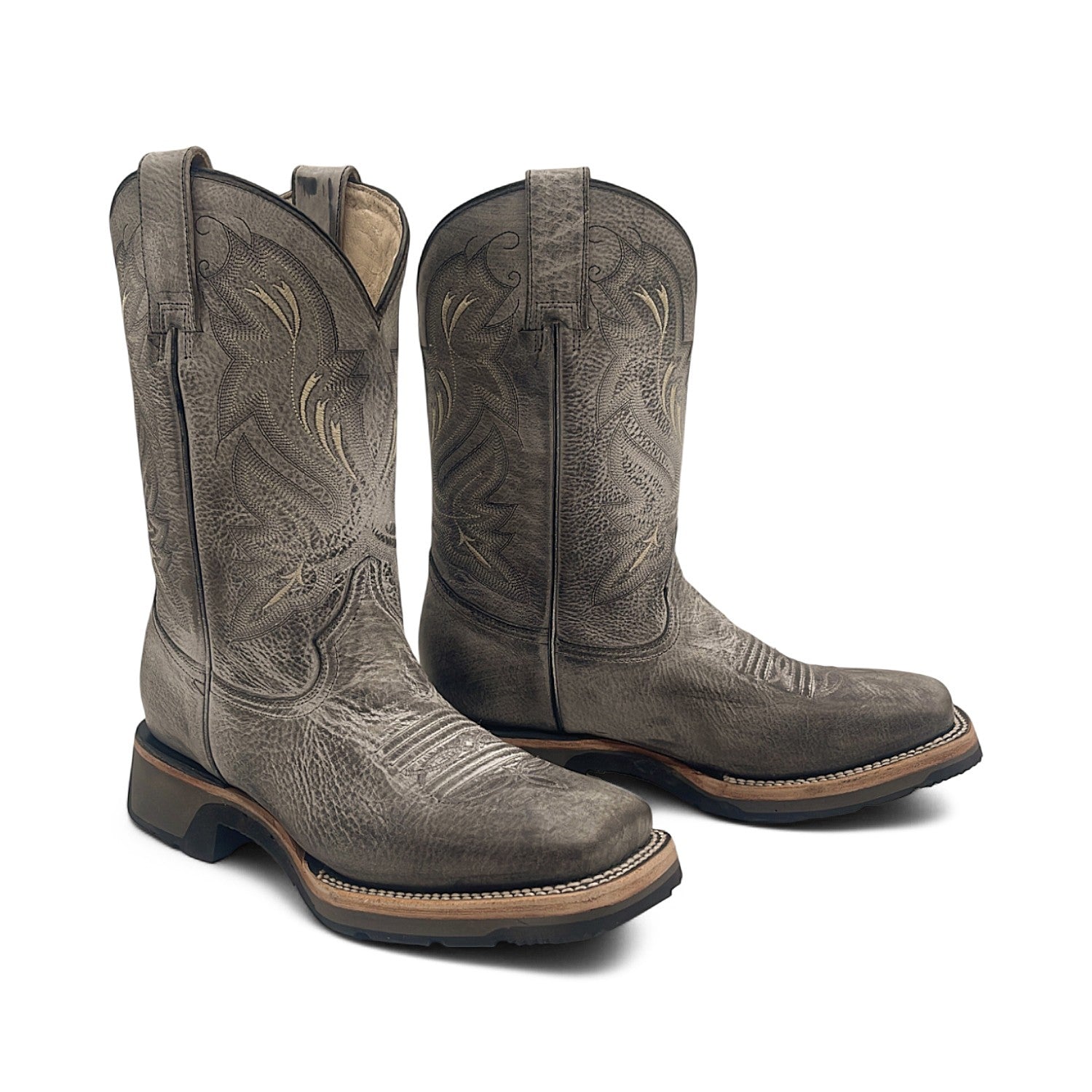 Men’s Leather Western Cowboy Boot Square Toe Mid Calf Rubber Sole