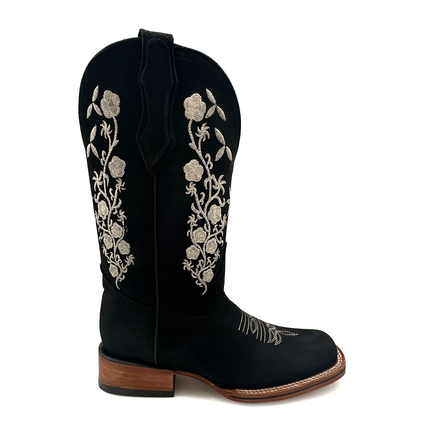 Womens Leather Square Toe Embroidered Western Boot