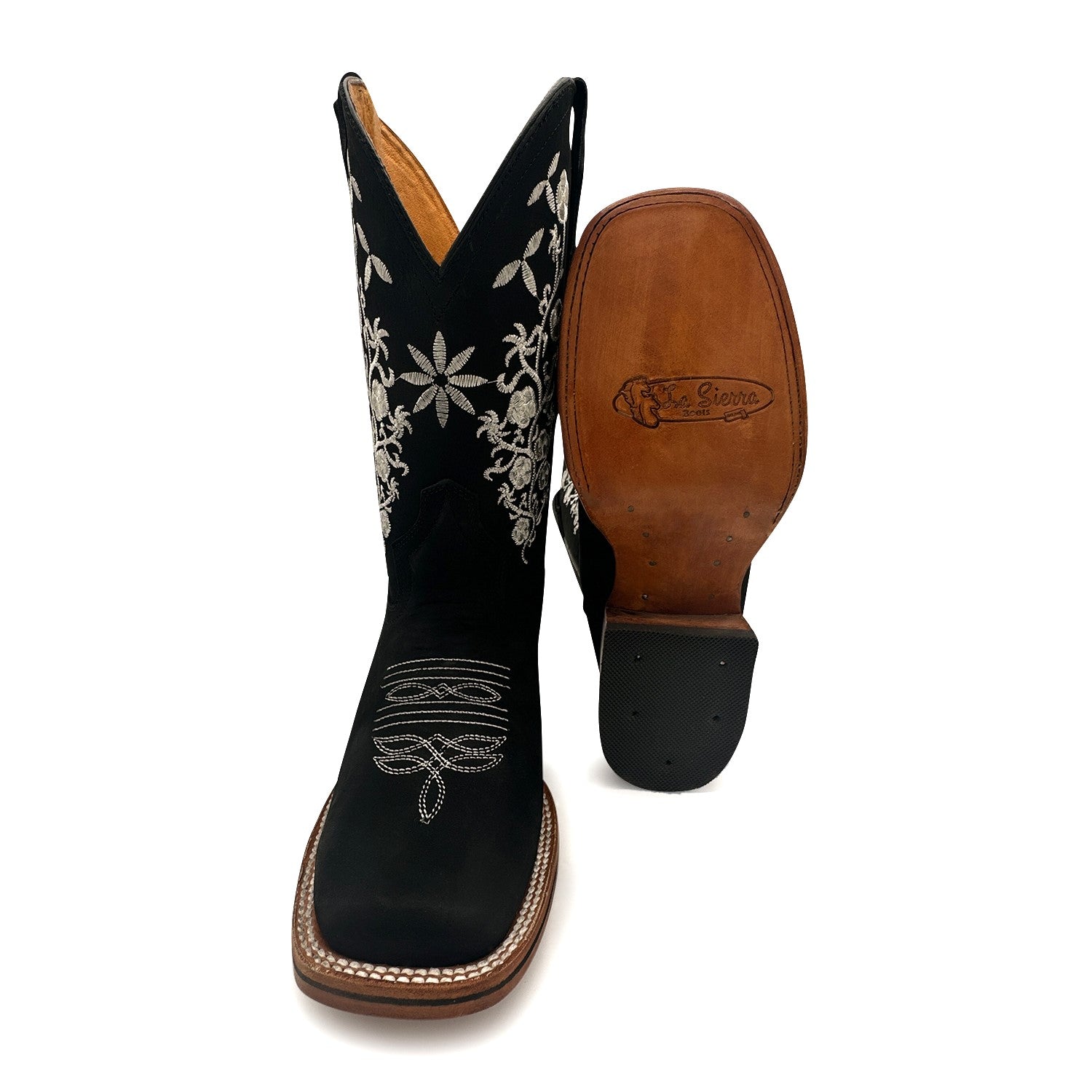 Womens Leather Square Toe Embroidered Western Boot
