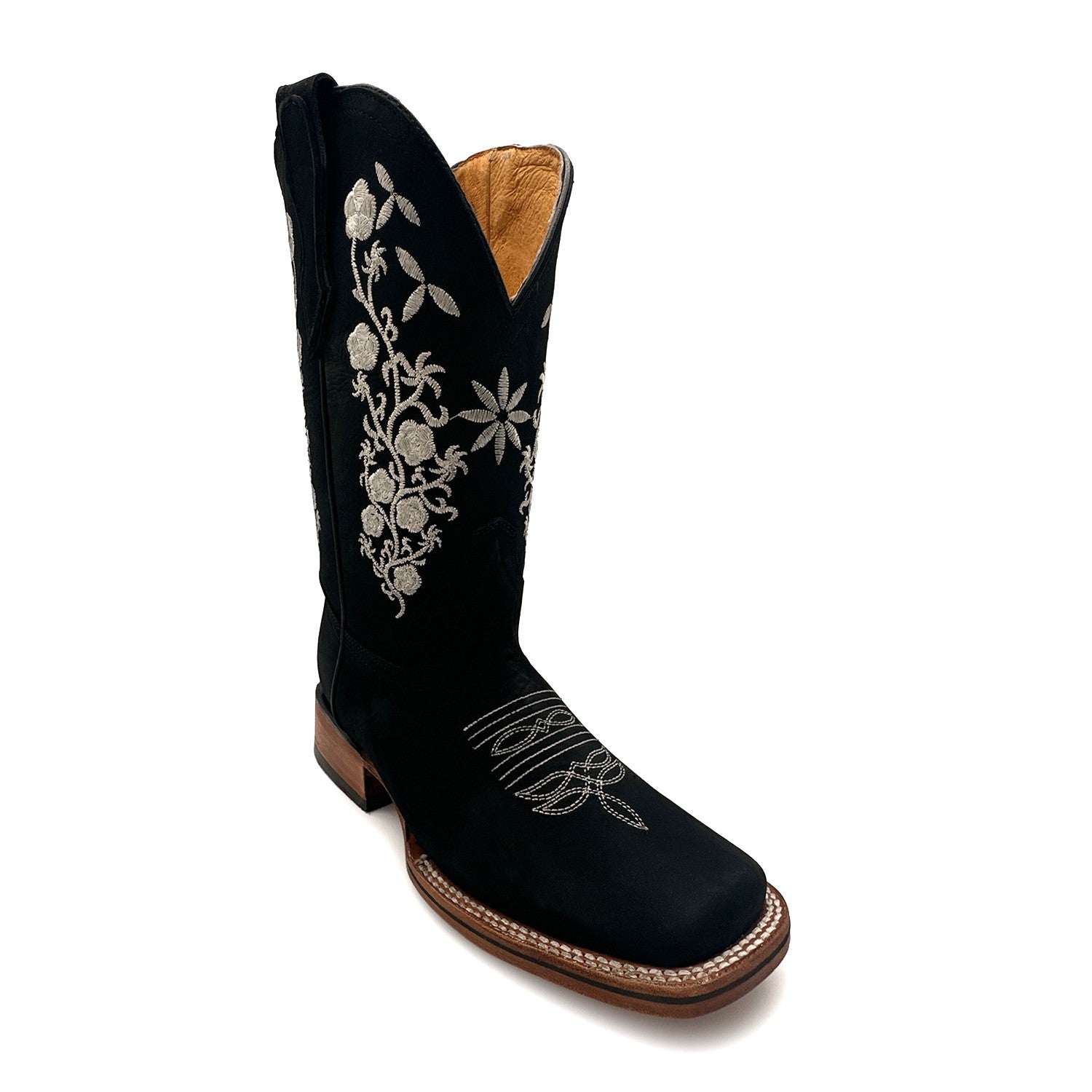 Womens Leather Square Toe Embroidered Western Boot
