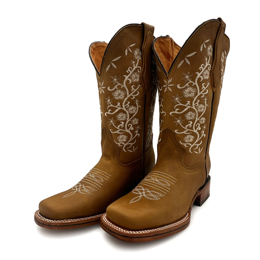 Womens Leather Square Toe Embroidered Western Boot