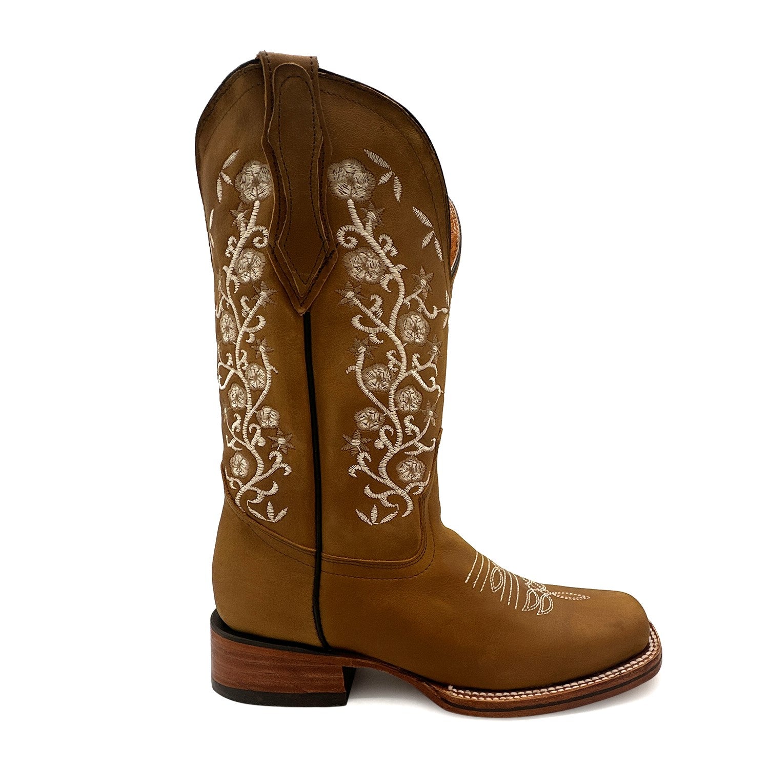 Womens Leather Square Toe Embroidered Western Boot