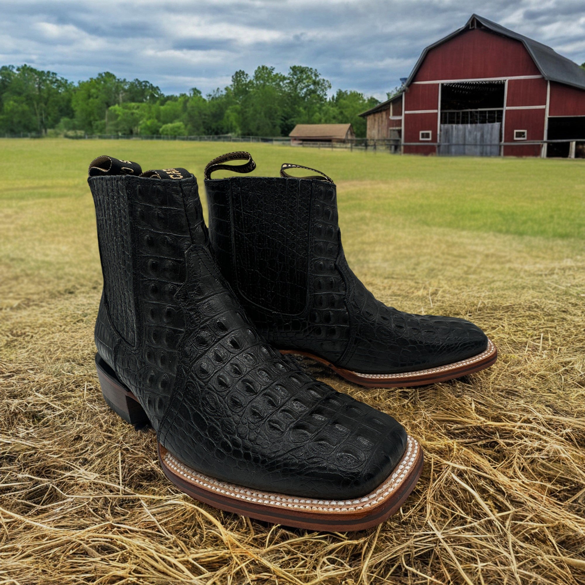 Men's Leather Short Ankle Cowboy Boot With Embossed Crocodile Print