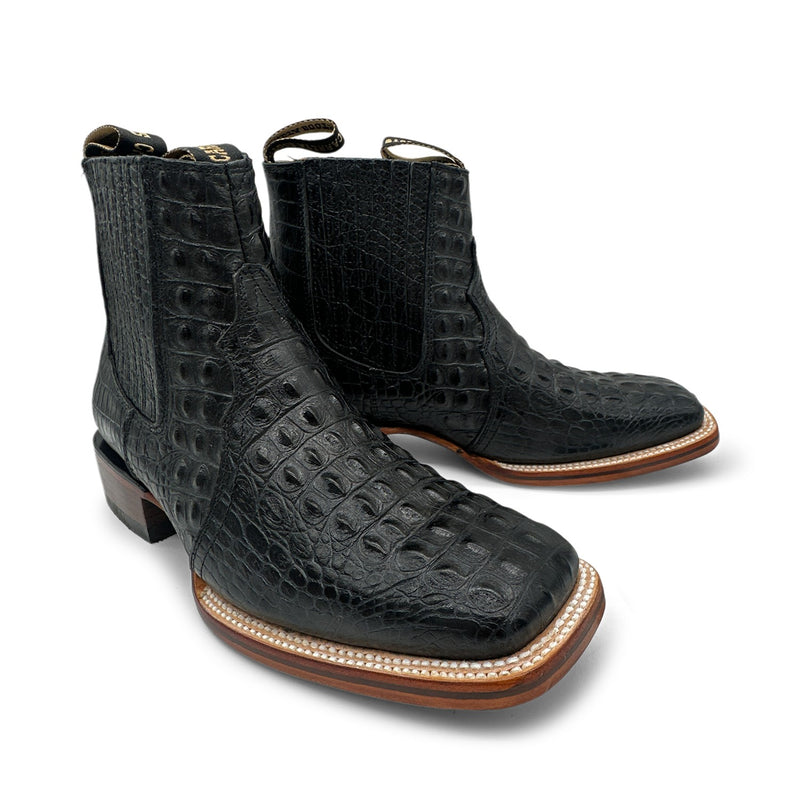 Mens Leather Short Ankle Cowboy Boot With Embossed Crocodile Print