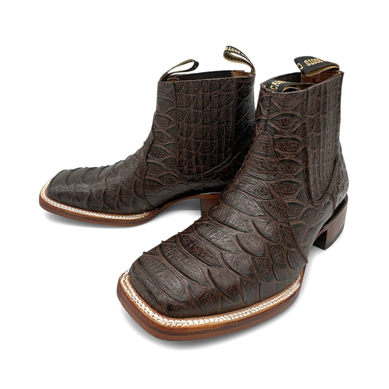 Men's Leather Short Ankle Embossed Python Print Cowboy Boot