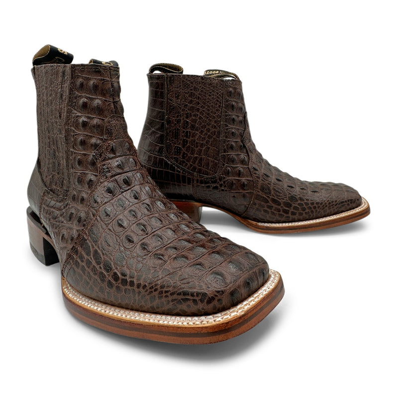 Mens Leather Short Ankle Cowboy Boot With Embossed Crocodile Print