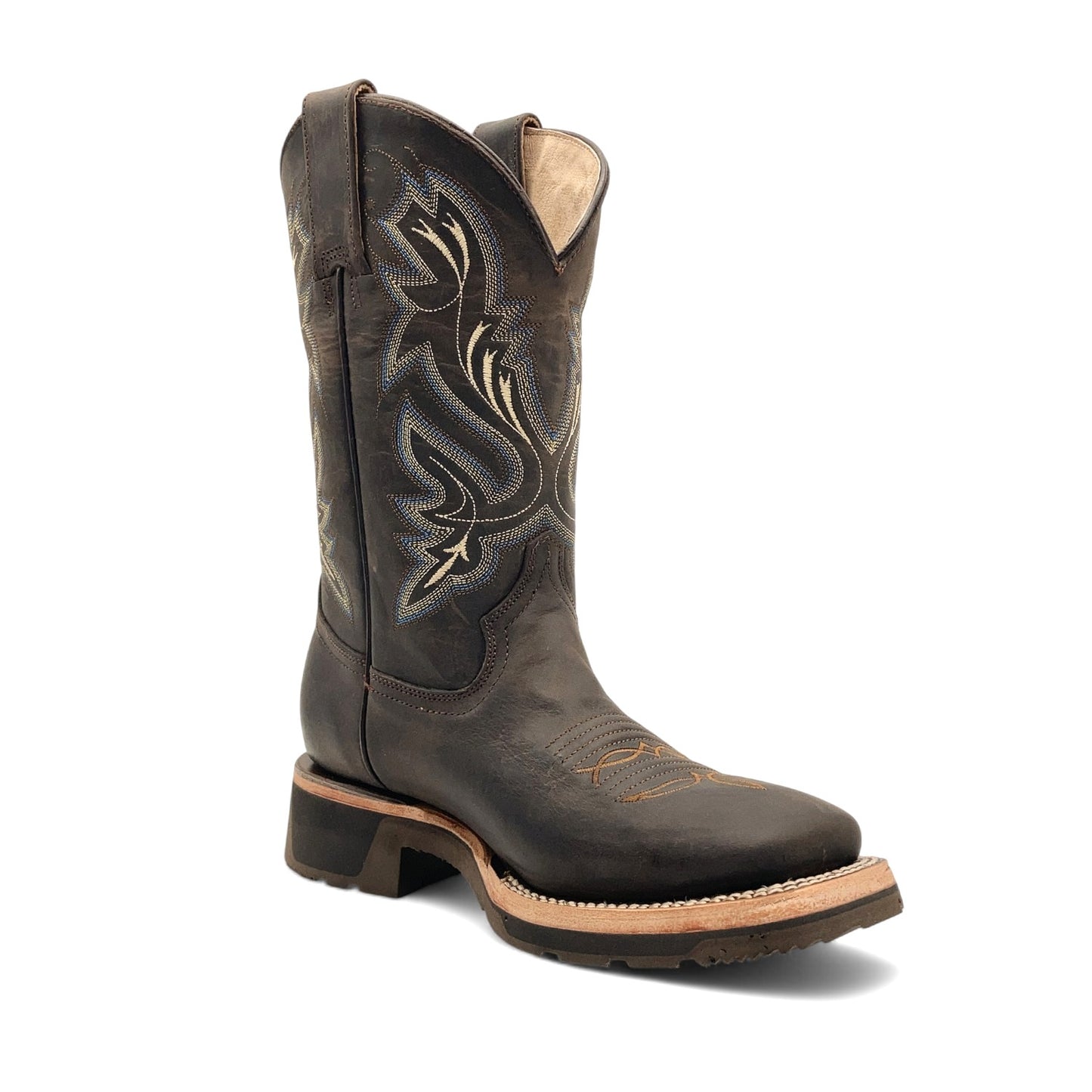 Men’s Leather Western Cowboy Boot Square Toe Mid Calf Rubber Sole