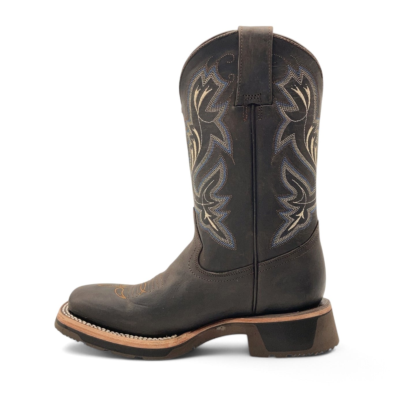 Men’s Leather Western Cowboy Boot Square Toe Mid Calf Rubber Sole