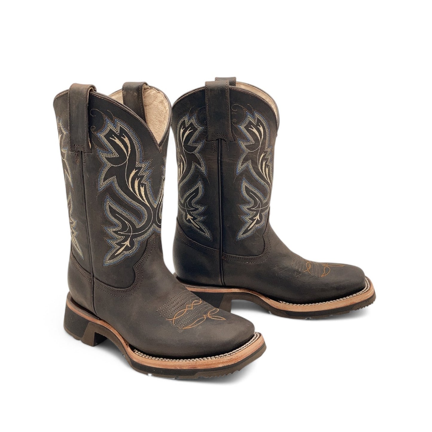 Men’s Leather Western Cowboy Boot Square Toe Mid Calf Rubber Sole