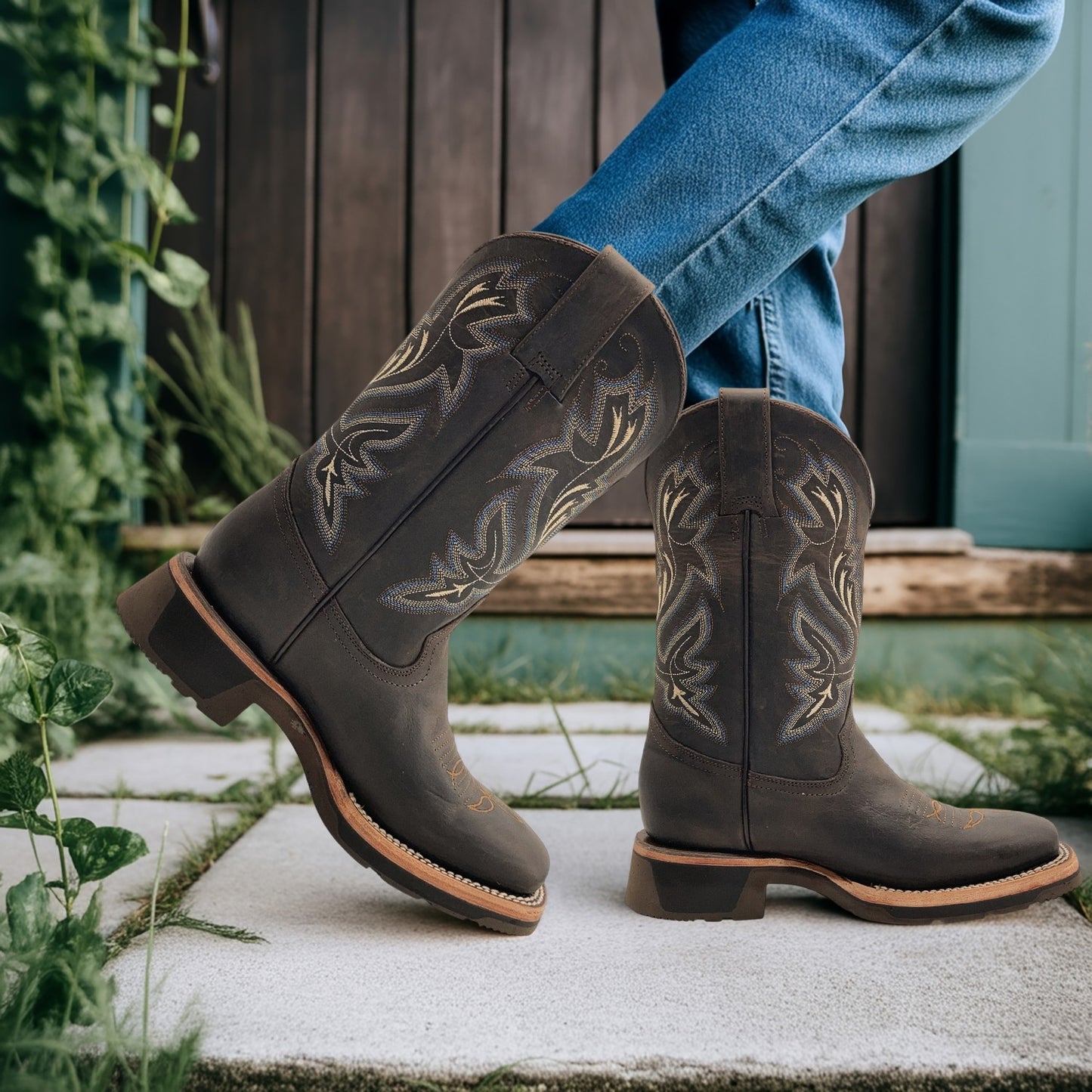 Men’s Leather Western Cowboy Boot Square Toe Mid Calf Rubber Sole