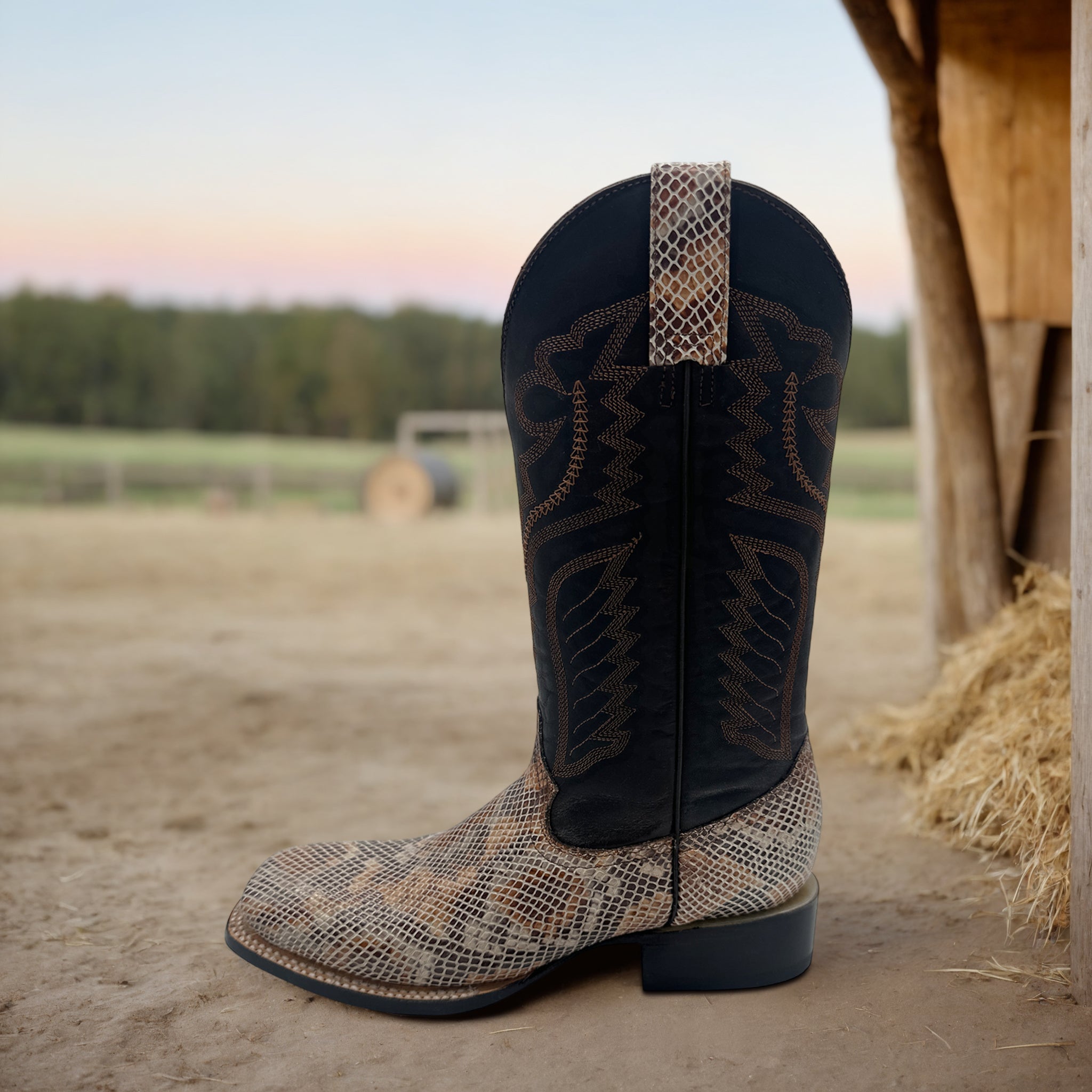 MENS EXOTIC PYTHON SNAKE PRINT SQUARE TOE LEATHER BOOT