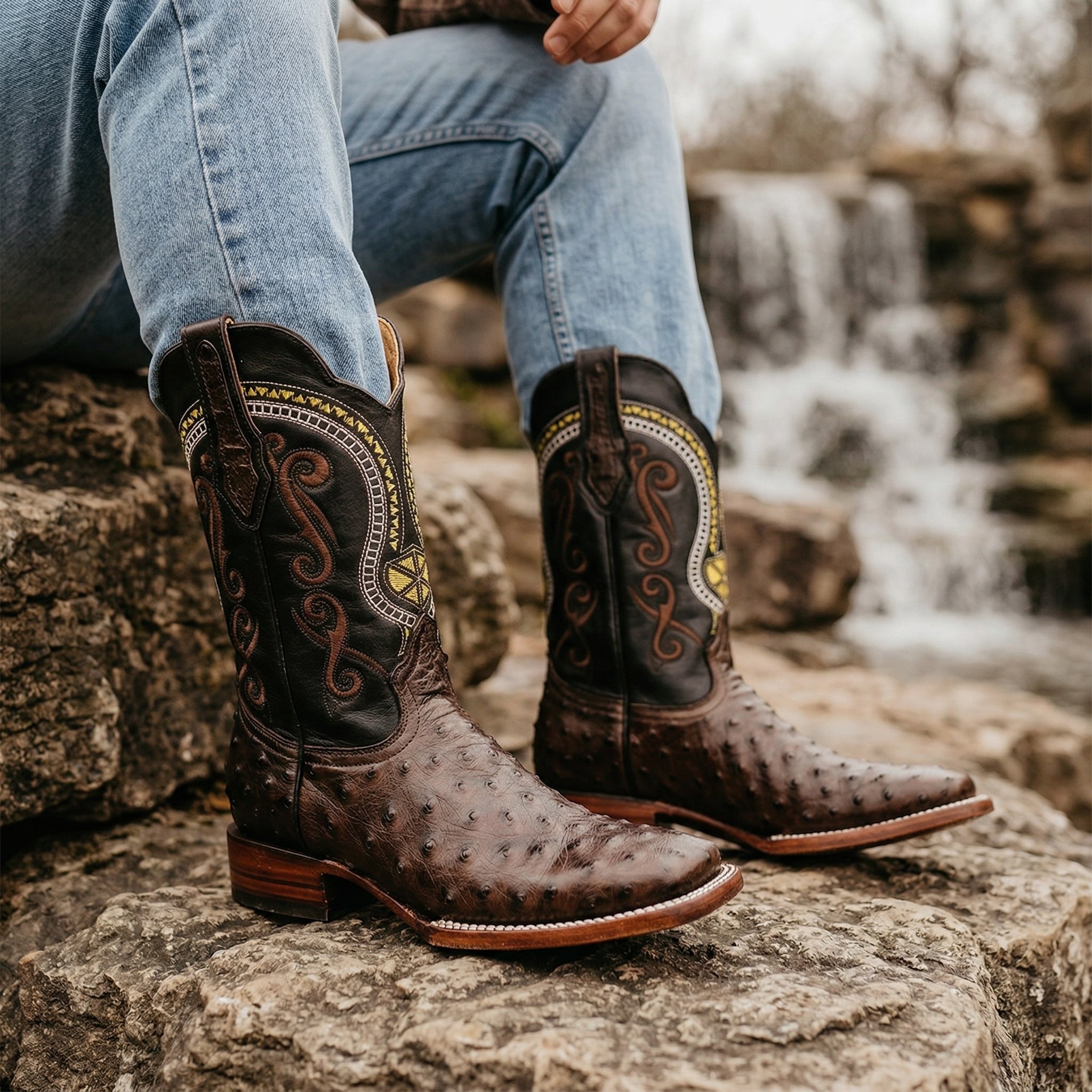 Men's Leather Ostrich Quill Print Square Toe Western Cowboy Boot