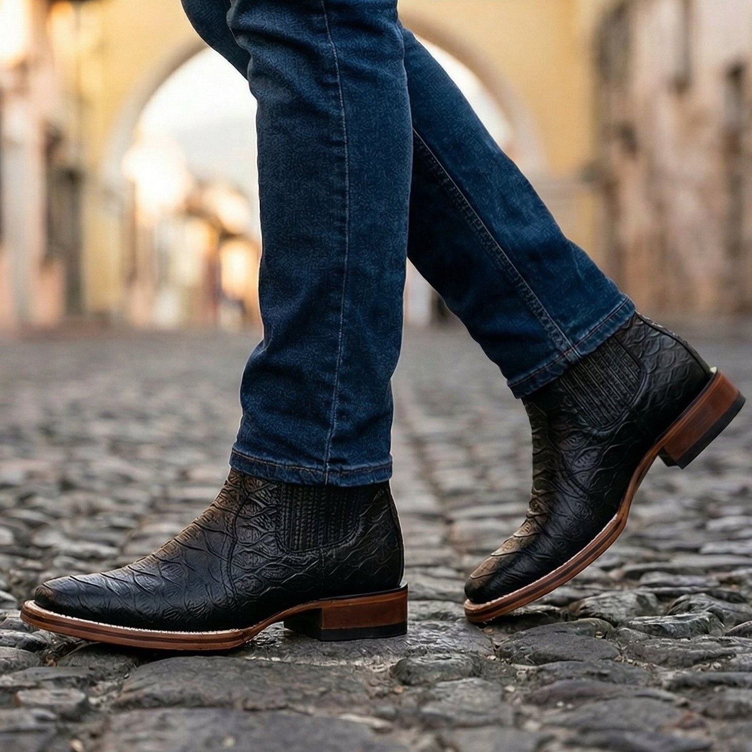 Men's Western Ankle Boot Black Python Print 