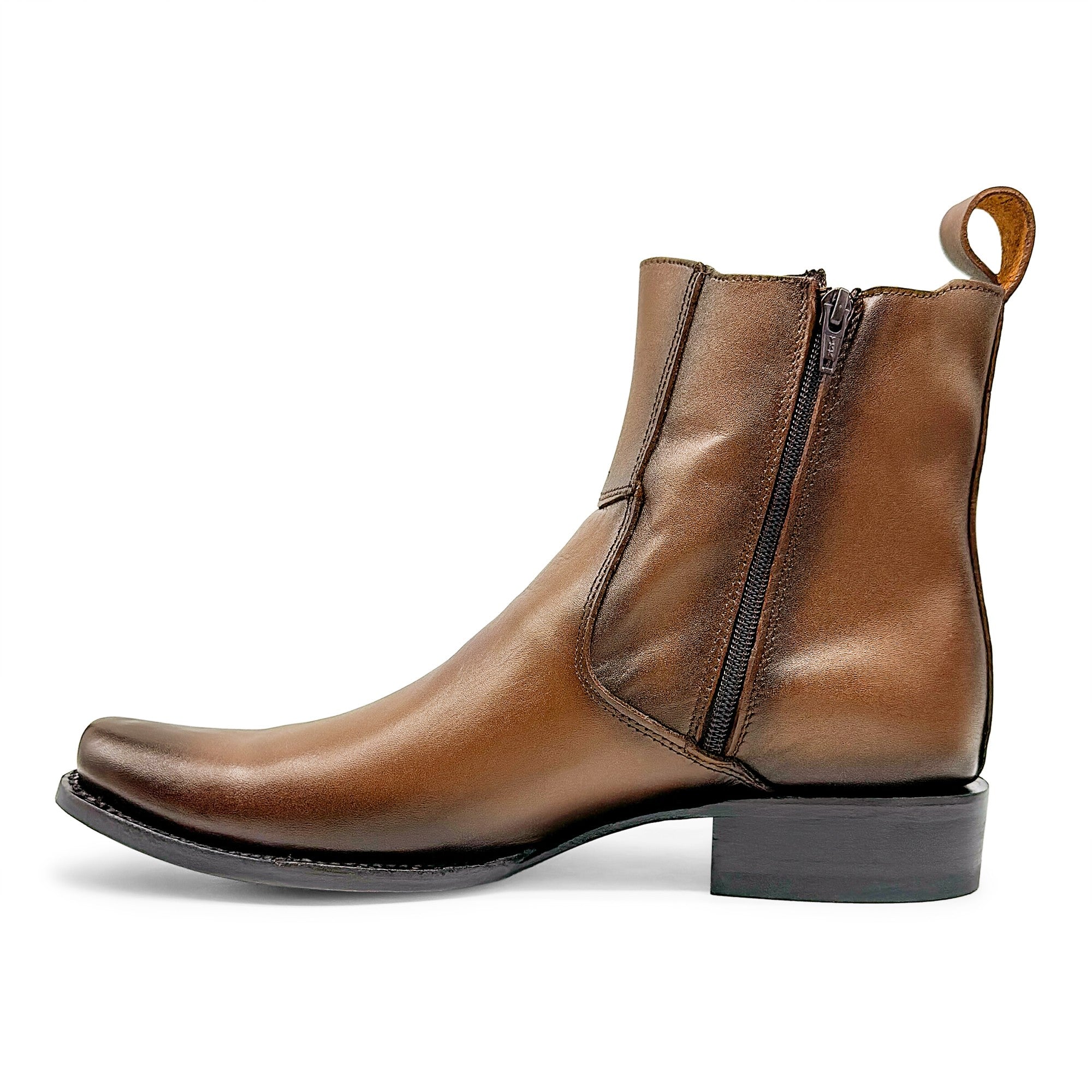 Men's Genuine Leather Ankle High Western Boot Side Zipper Square Toe Dress Cowboy Boot
