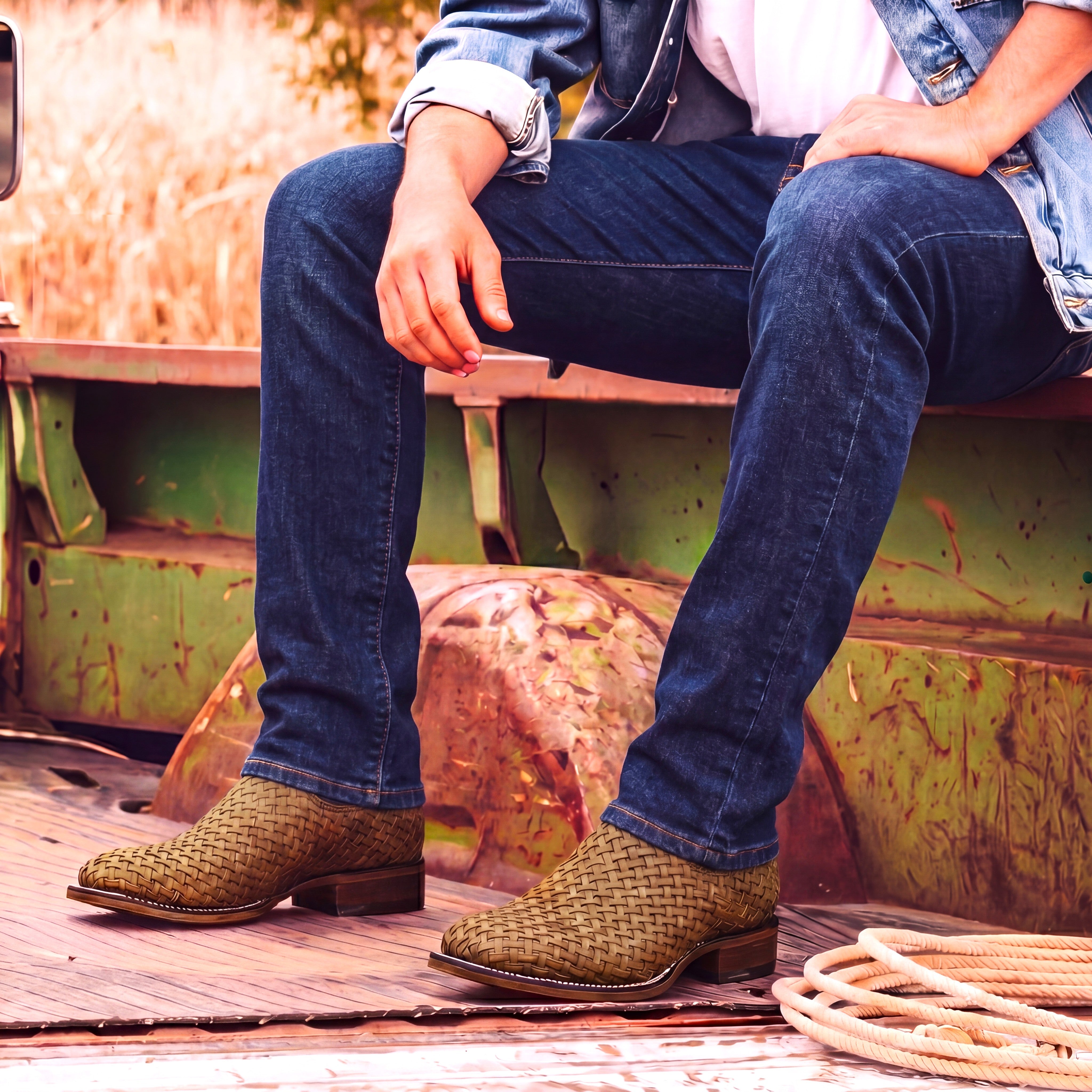 Men's Petatillo Hand Woven Braided Square Toe Rodeo Cowboy Boot – Ankle-High Genuine Leather Western Boot
