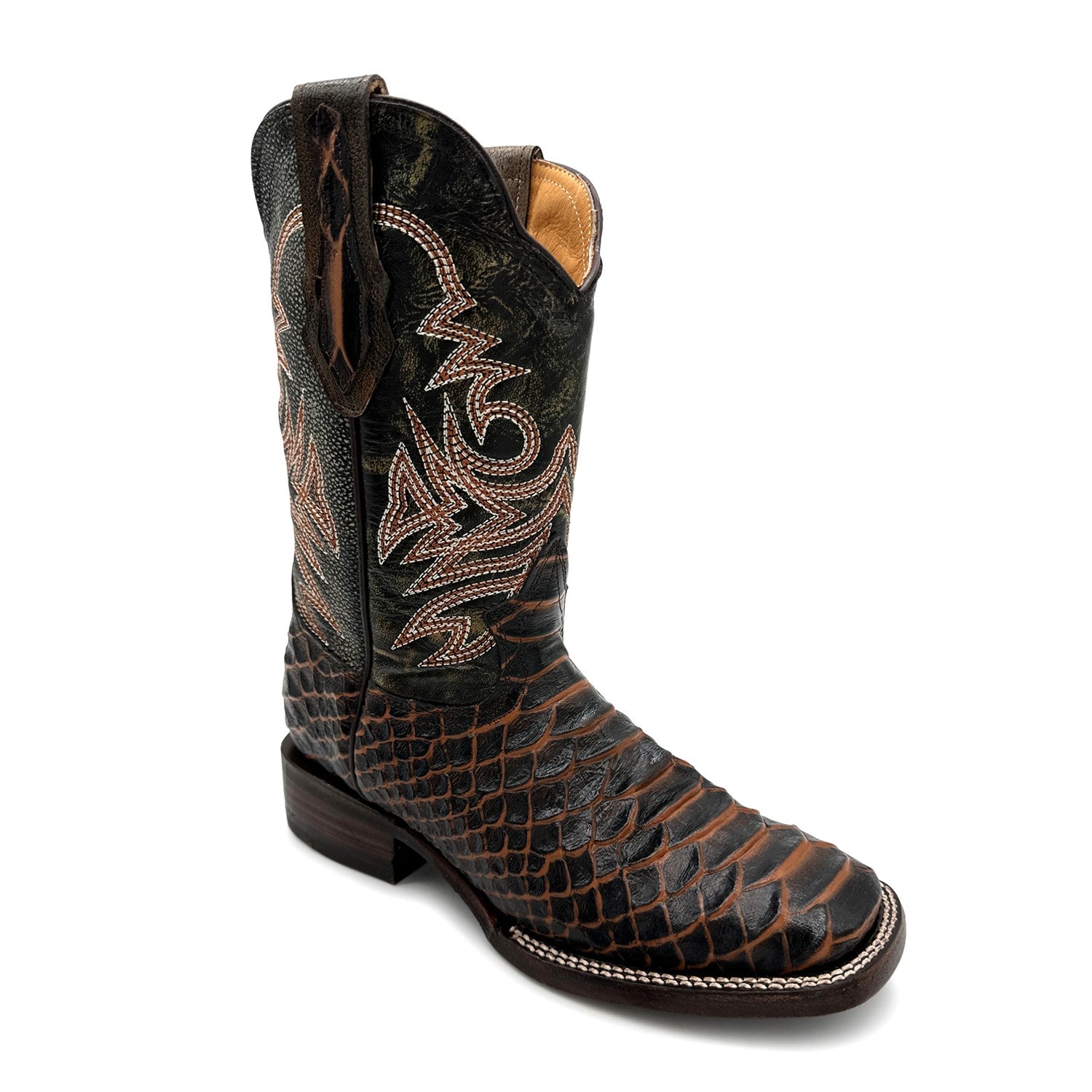 Men's Leather Exotic Python Print Square Toe Cowboy Boot