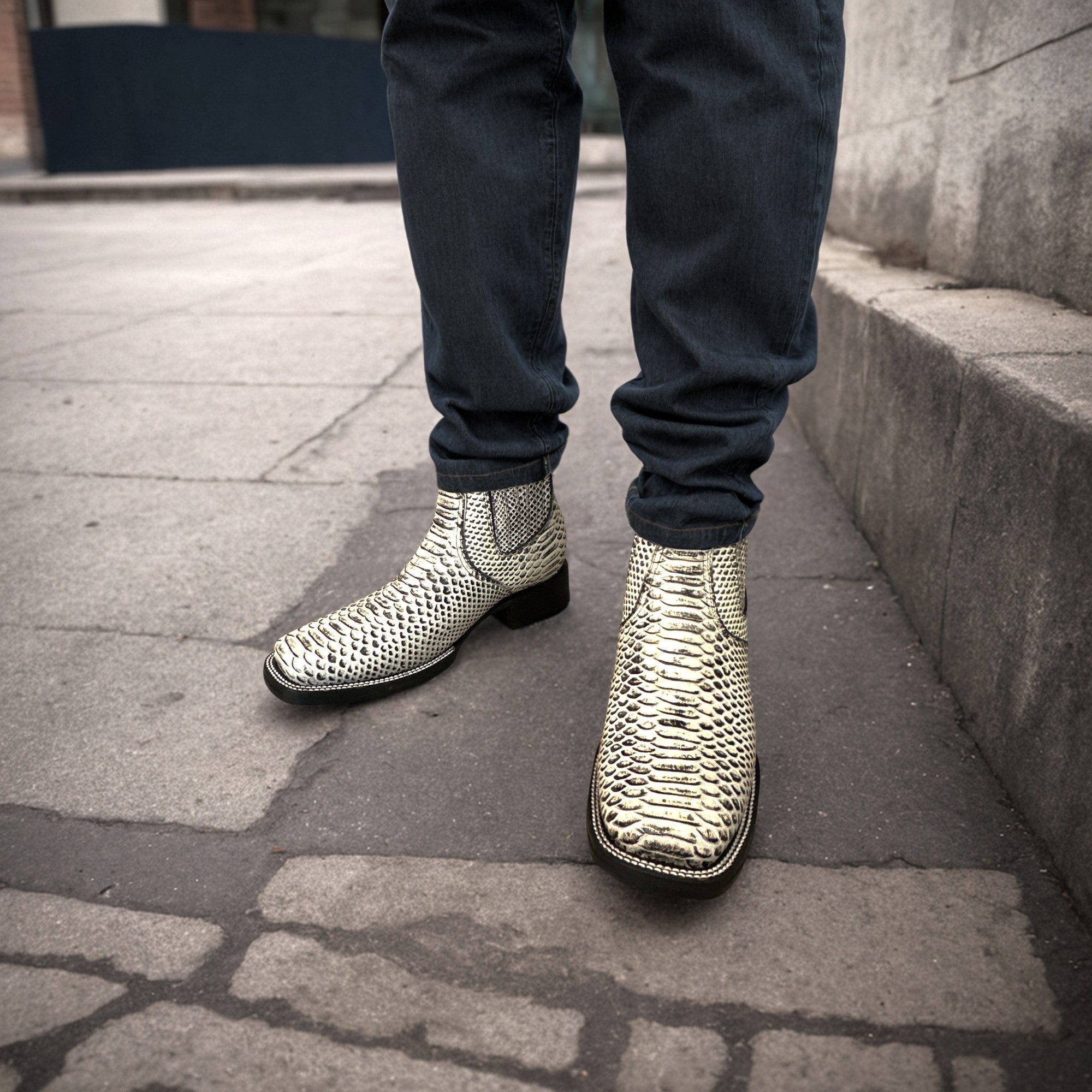 Men’s Genuine Leather Square Toe Embossed Python Snake Print Short Ankle Cowboy Boot