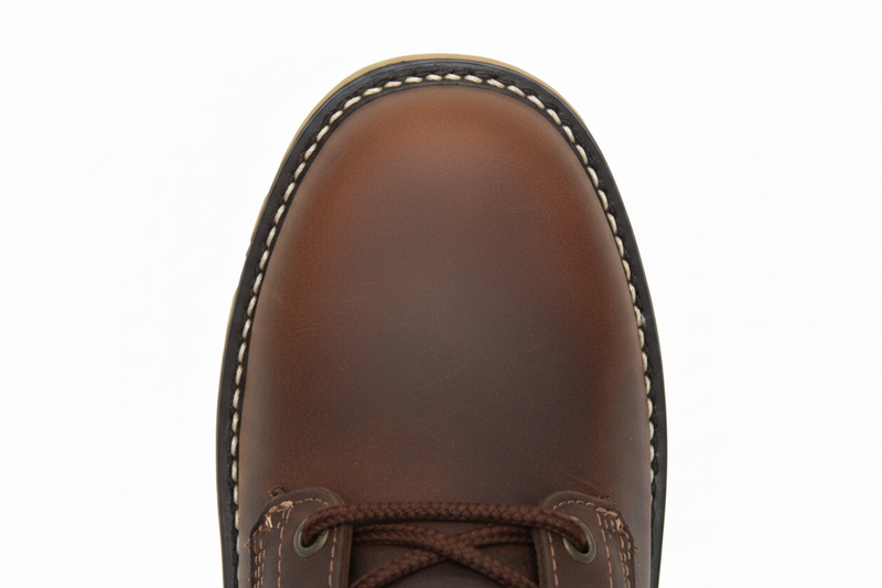 Brown leather shoe with white stitching on a white background
