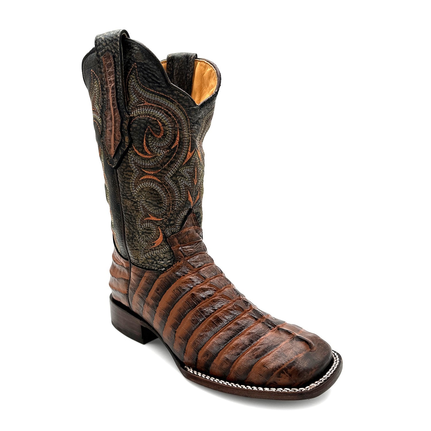 Men's Leather Alligator Tail Print Square Toe Western Cowboy Boot