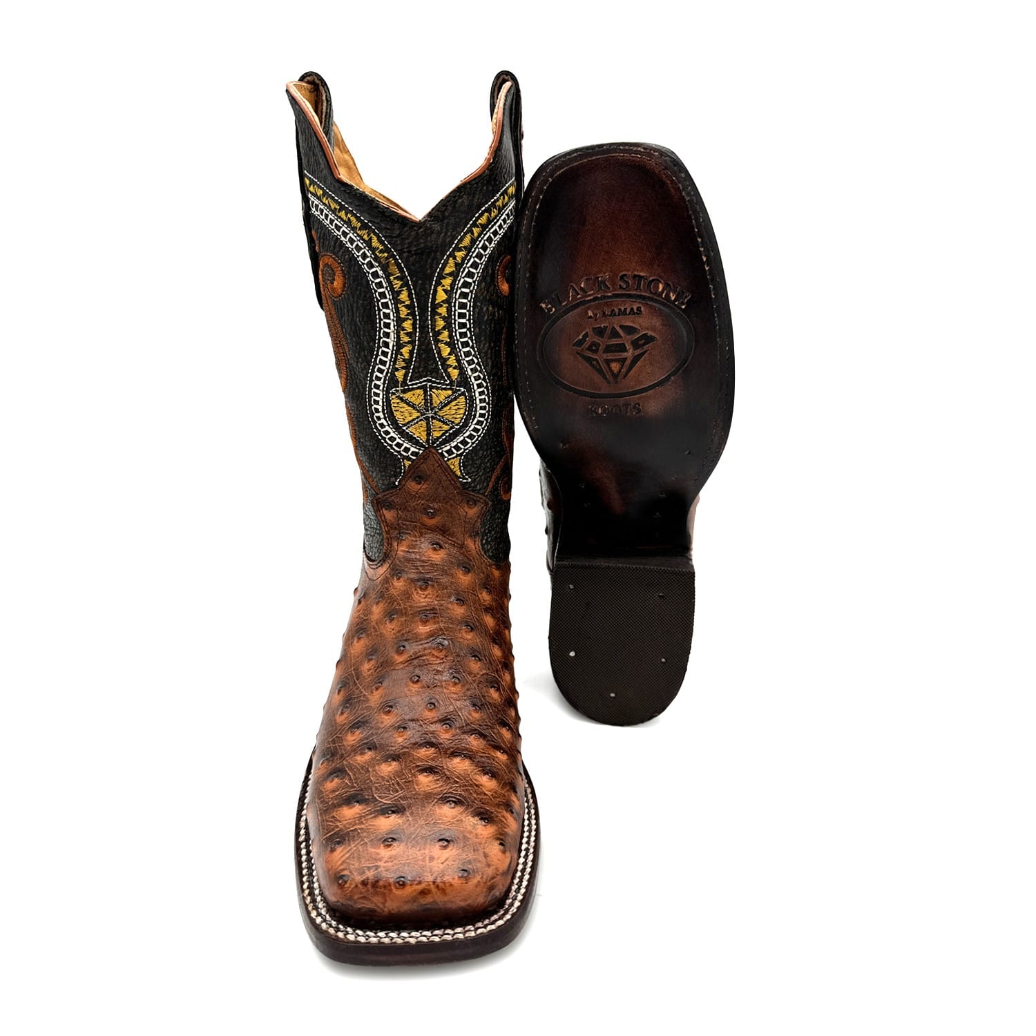 Men's Leather Ostrich Quill Print Square Toe Western Cowboy Boot