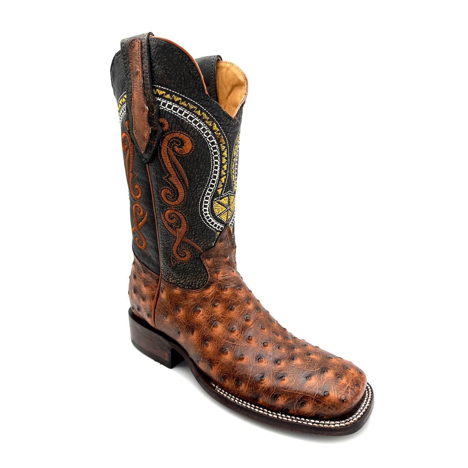 Men's Leather Ostrich Quill Print Square Toe Western Cowboy Boot