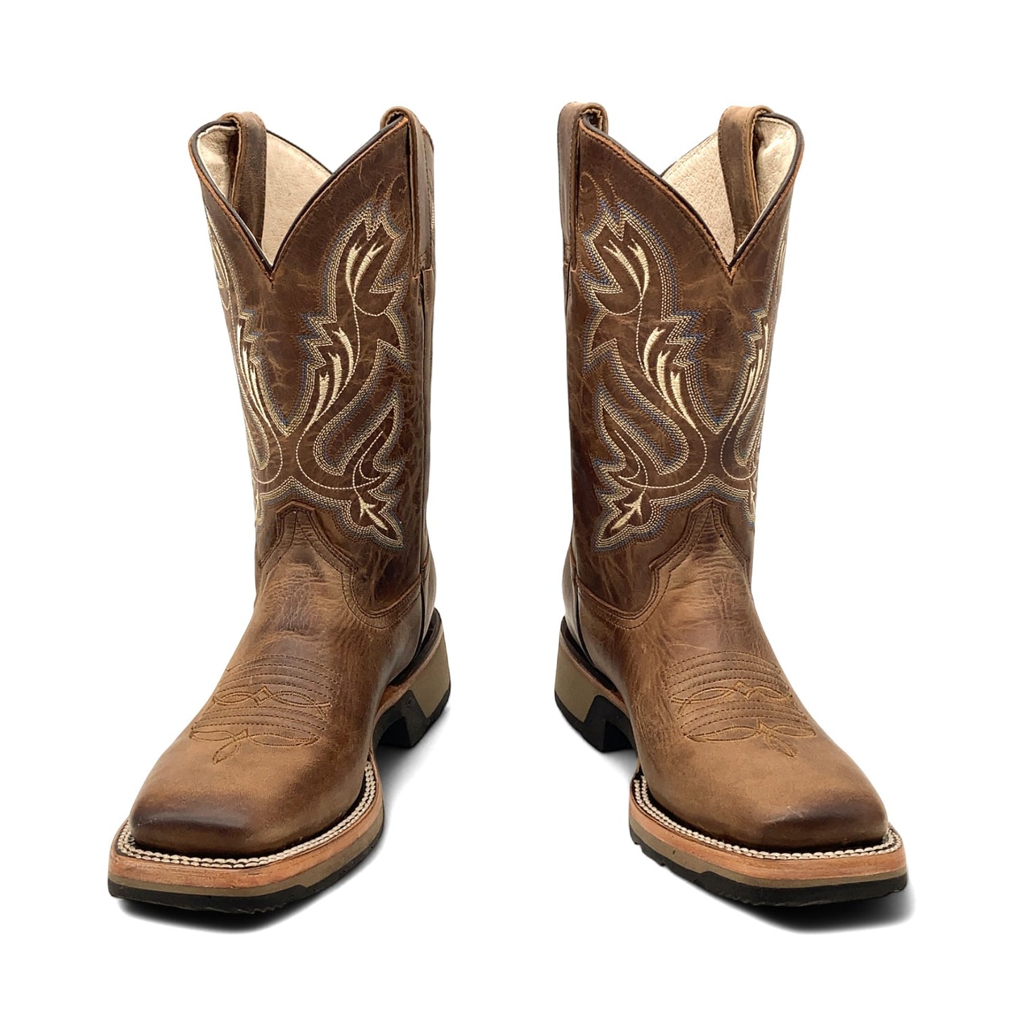 Men’s Leather Western Cowboy Boot Square Toe Mid Calf Rubber Sole