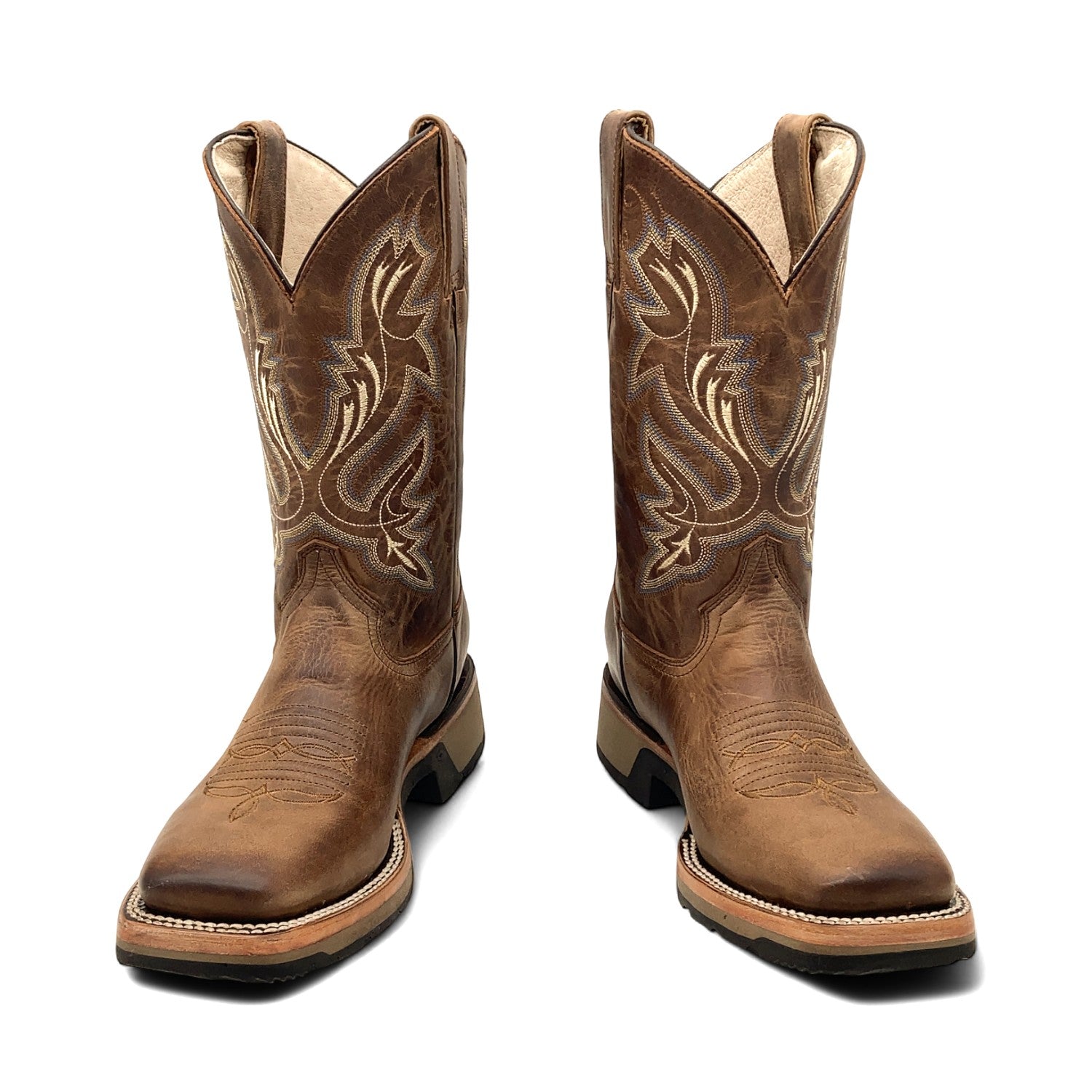 Men’s Leather Western Cowboy Boot Square Toe Mid Calf Rubber Sole