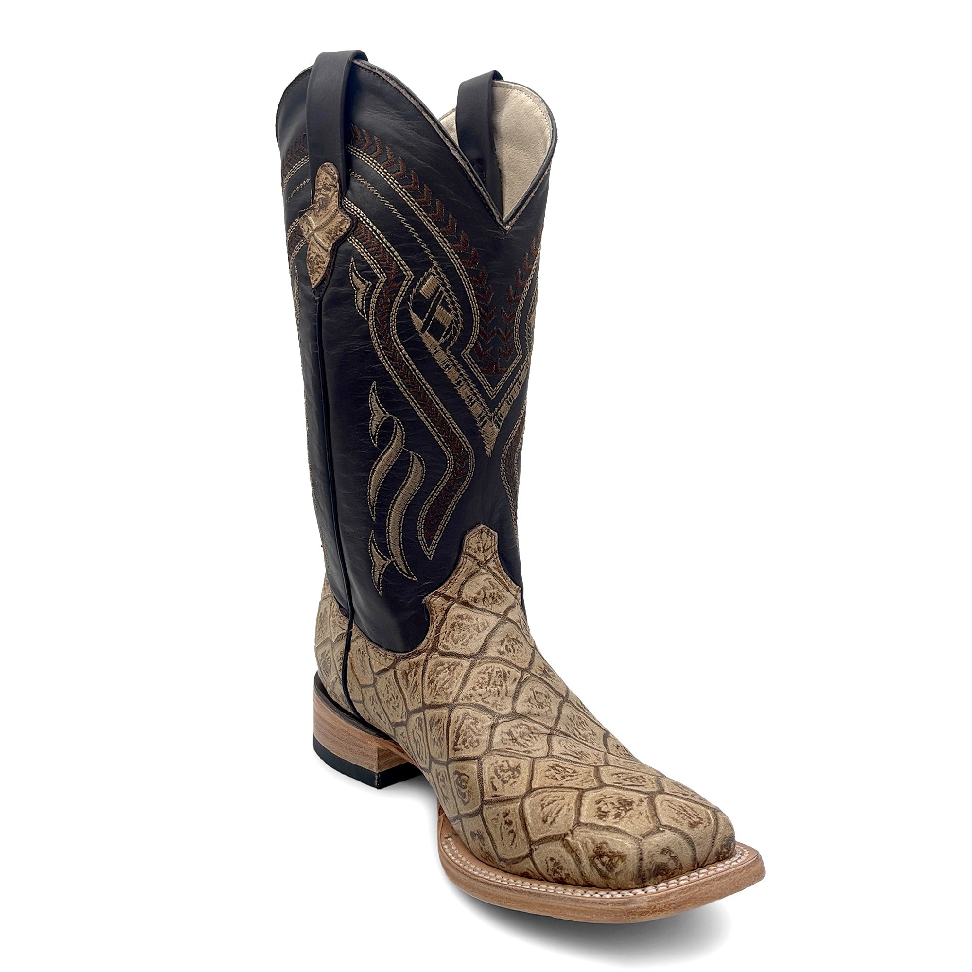 Men’s Leather Western Boot Pirarucu Fish Print Square Toe Mid-Calf