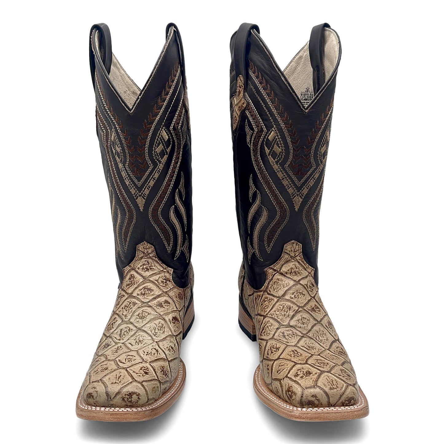 Men’s Leather Western Boot Pirarucu Fish Print Square Toe Mid-Calf