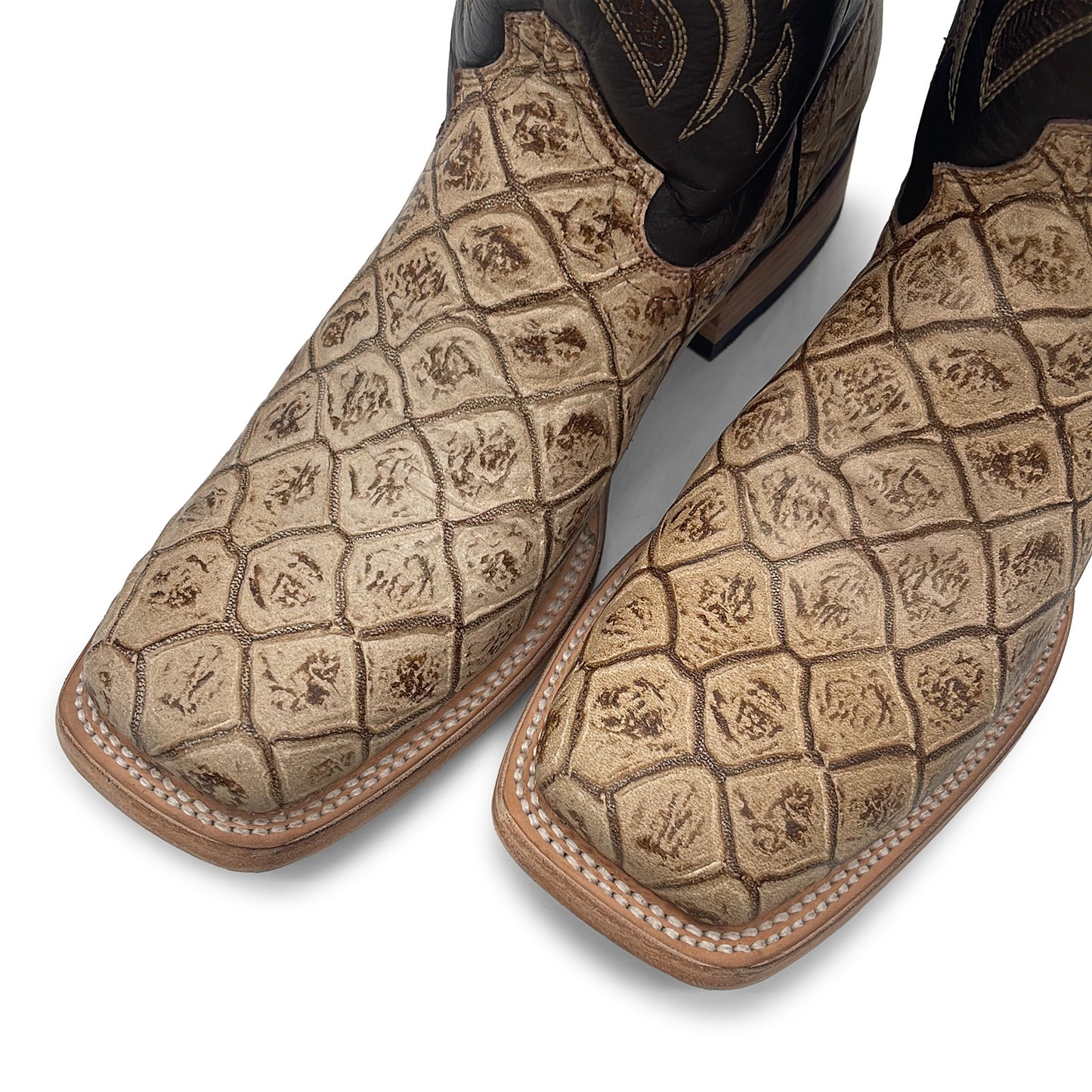 Men’s Leather Western Boot Pirarucu Fish Print Square Toe Mid-Calf