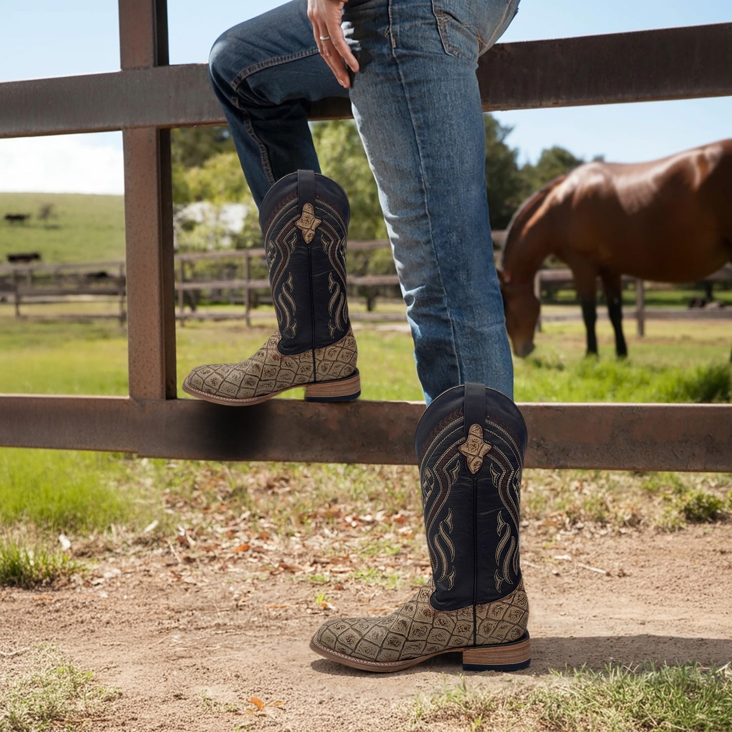 Men’s Leather Western Boot Pirarucu Fish Print Square Toe Mid-Calf